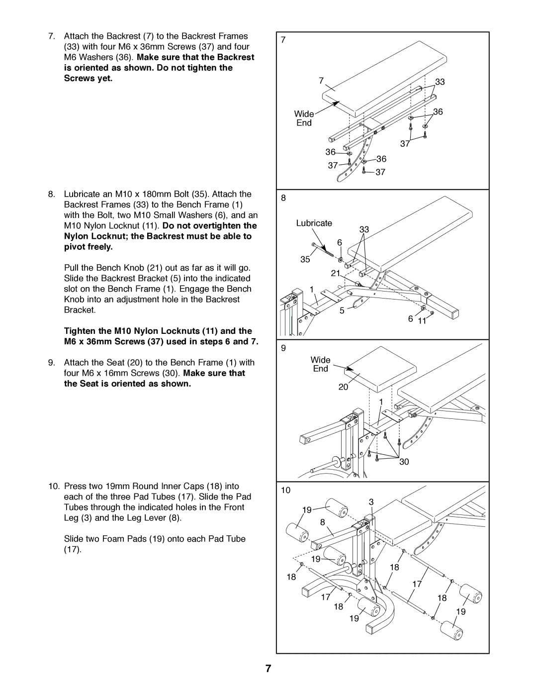 Weider WEBE11920 user manual Nylon Locknut the Backrest must be able to pivot freely 