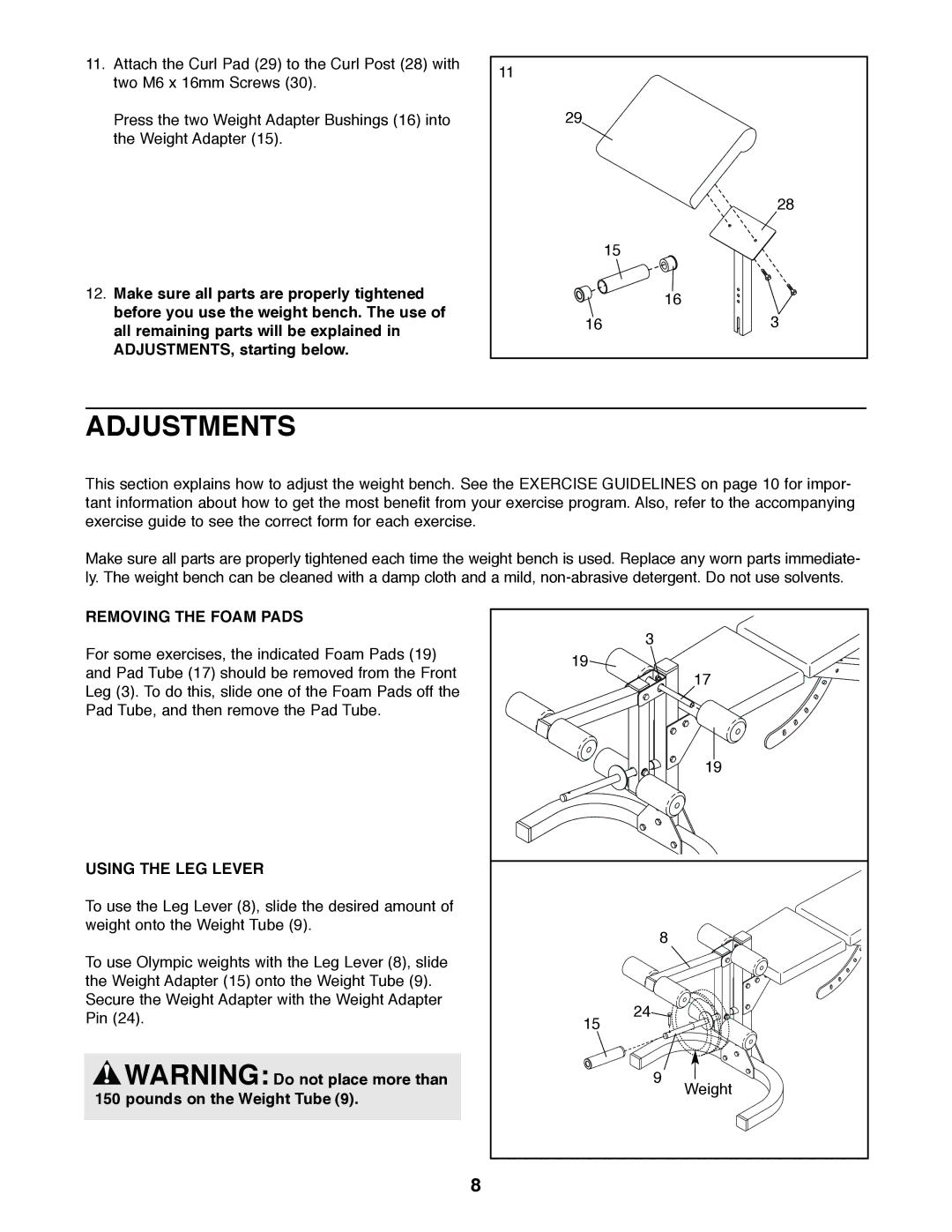 Weider WEBE11920 user manual Adjustments, Removing the Foam Pads, Using the LEG Lever 