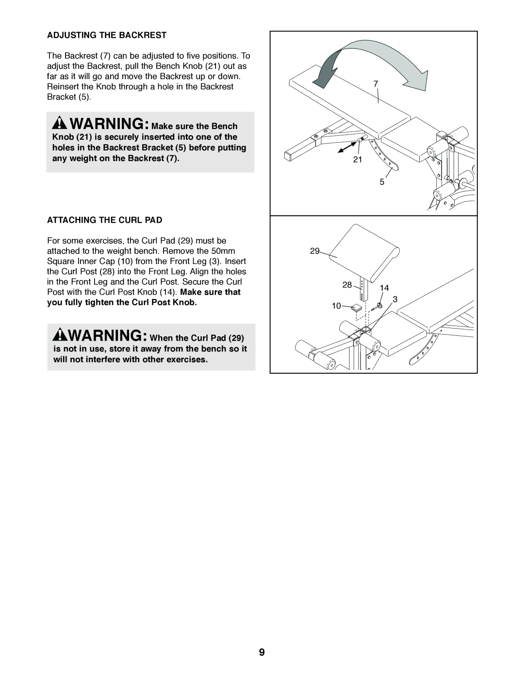 Weider WEBE11920 user manual Adjusting the Backrest, Attaching the Curl PAD 