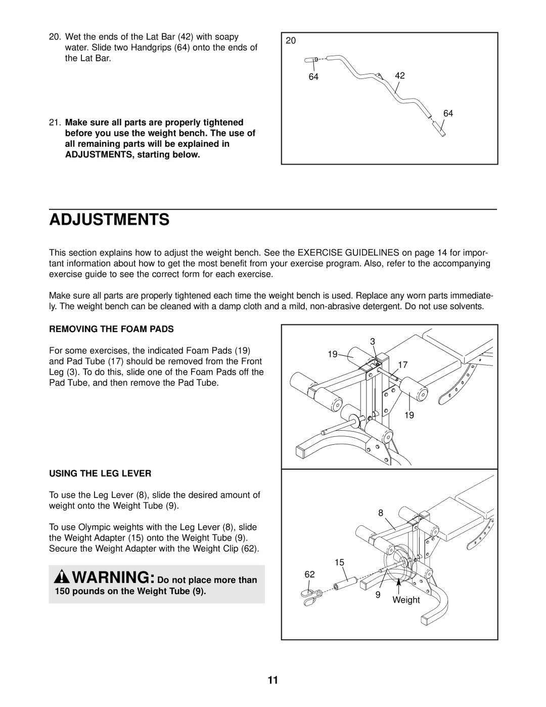 Weider WEBE12621 user manual Adjustments, Removing the Foam Pads, Using the LEG Lever 