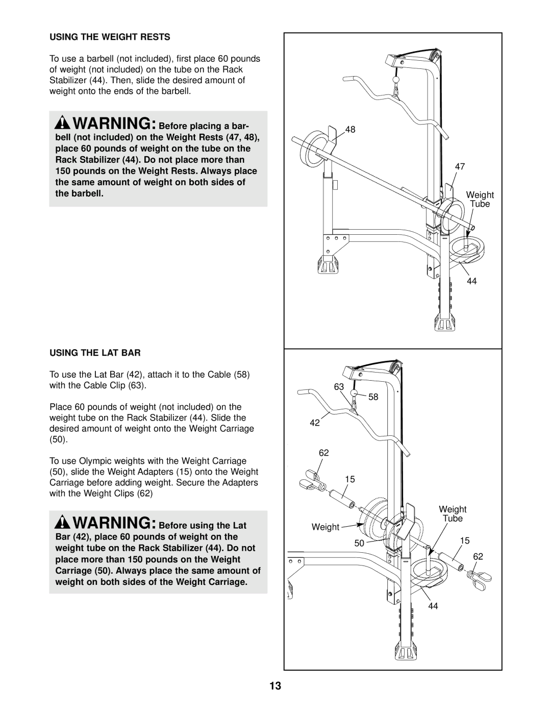 Weider WEBE12621 user manual Using the Weight Rests, Using the LAT BAR 