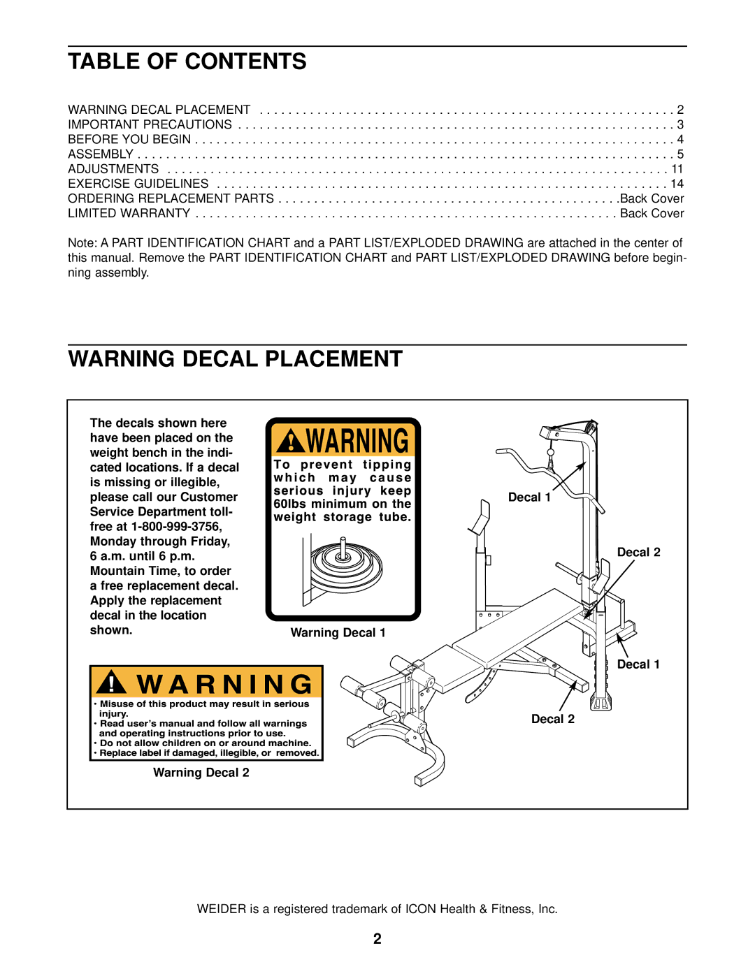 Weider WEBE12621 user manual Table of Contents 