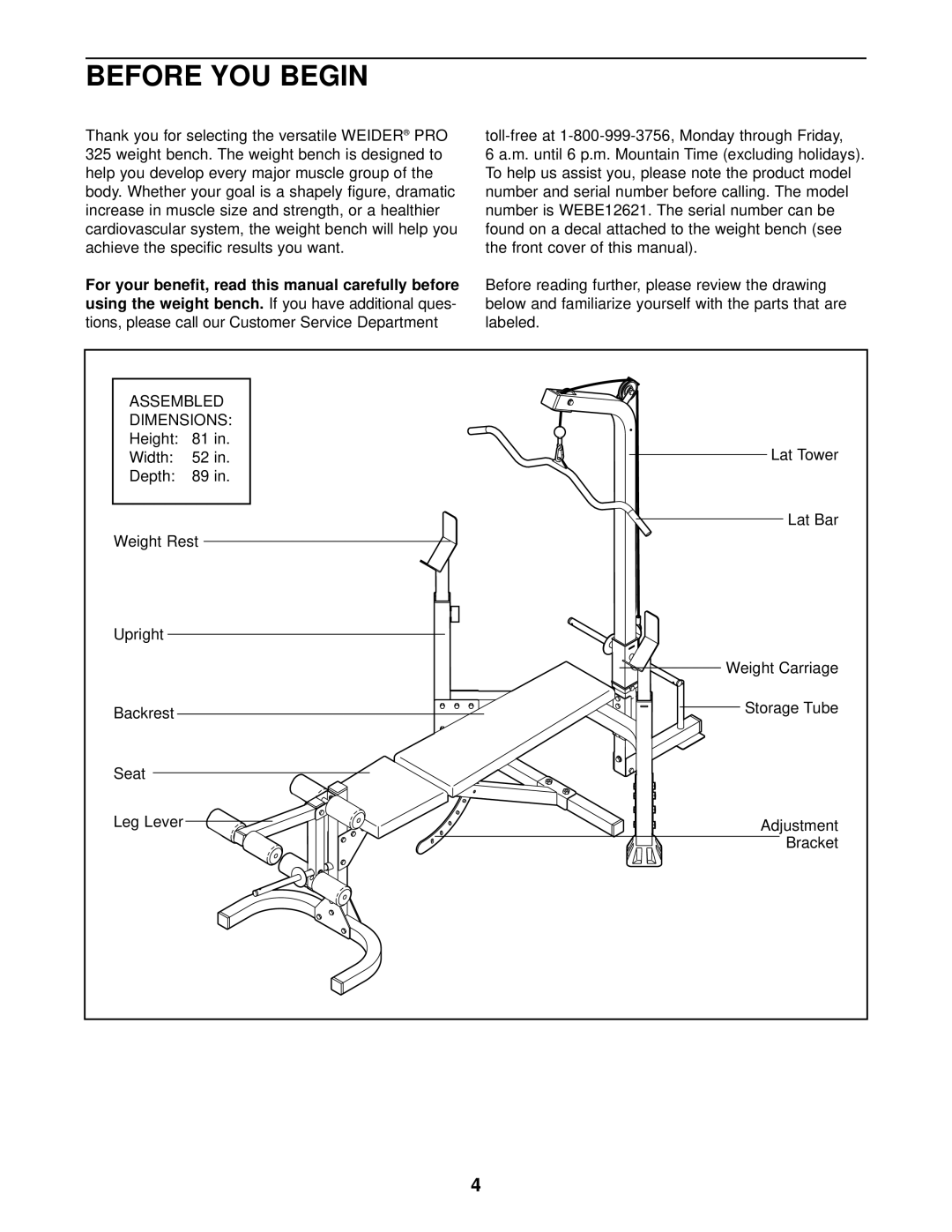 Weider WEBE12621 user manual Before YOU Begin, Assembled Dimensions 