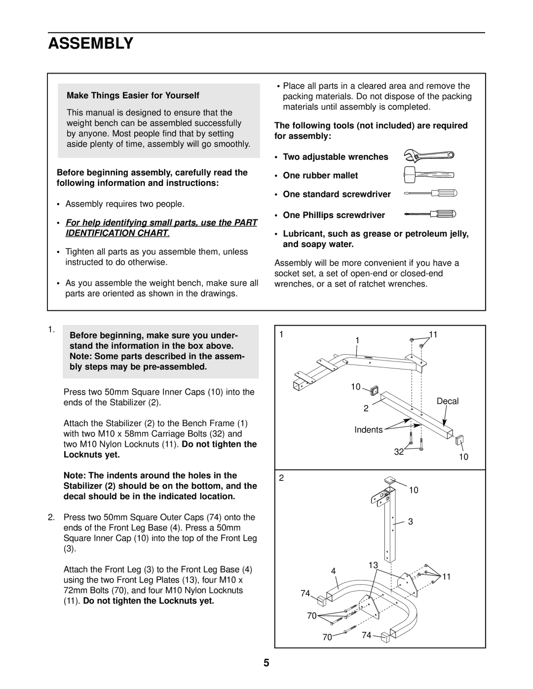 Weider WEBE12621 user manual Assembly, Make Things Easier for Yourself, Locknuts yet 