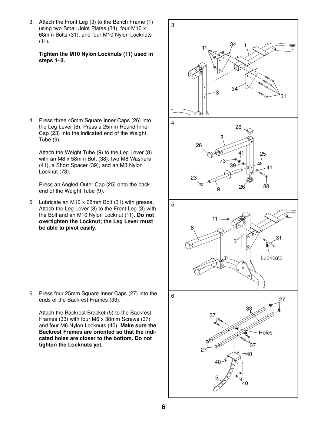 Weider WEBE12621 user manual Tighten the M10 Nylon Locknuts 11 used in steps 