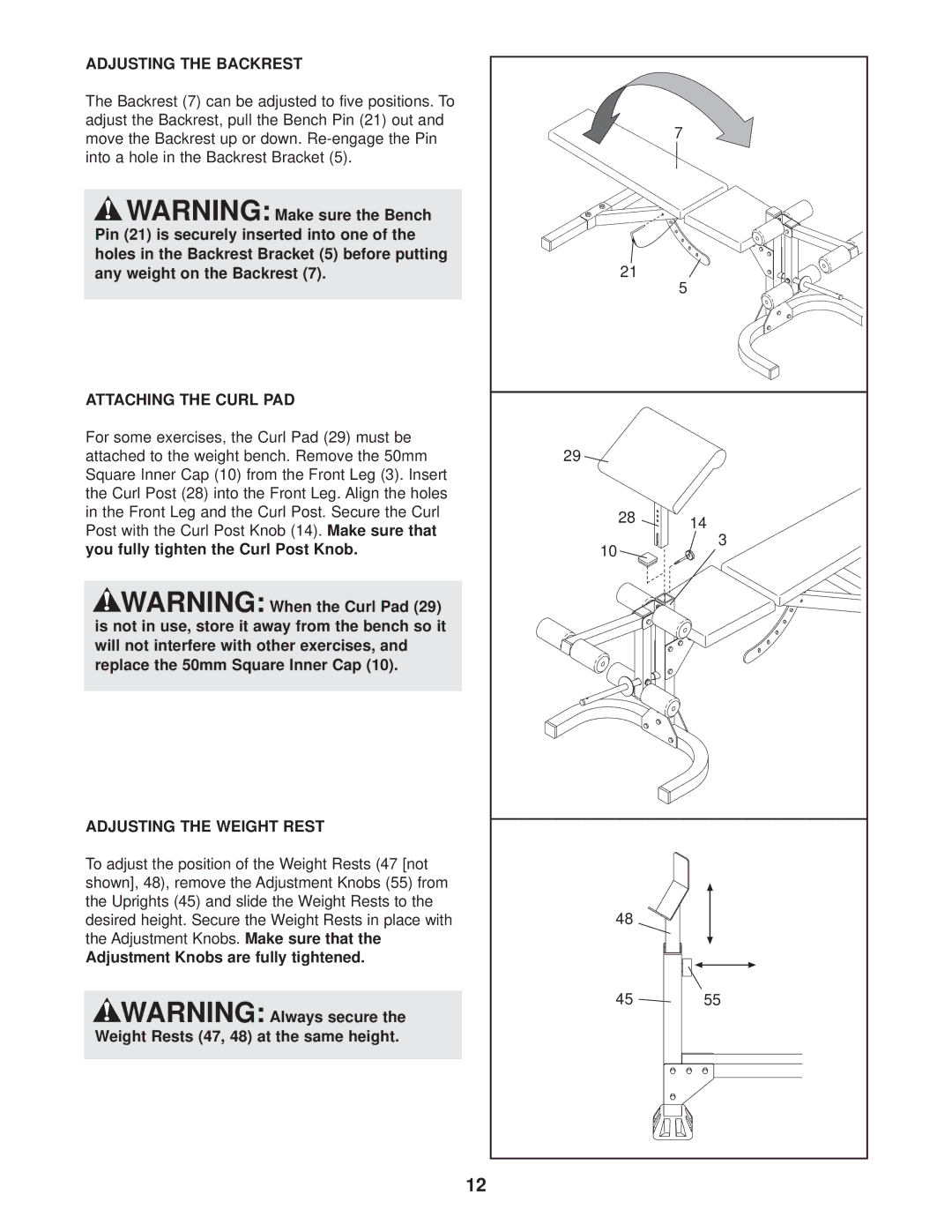 Weider WEBE12622 user manual Adjusting the Backrest, Attaching the Curl PAD, Adjusting the Weight Rest 