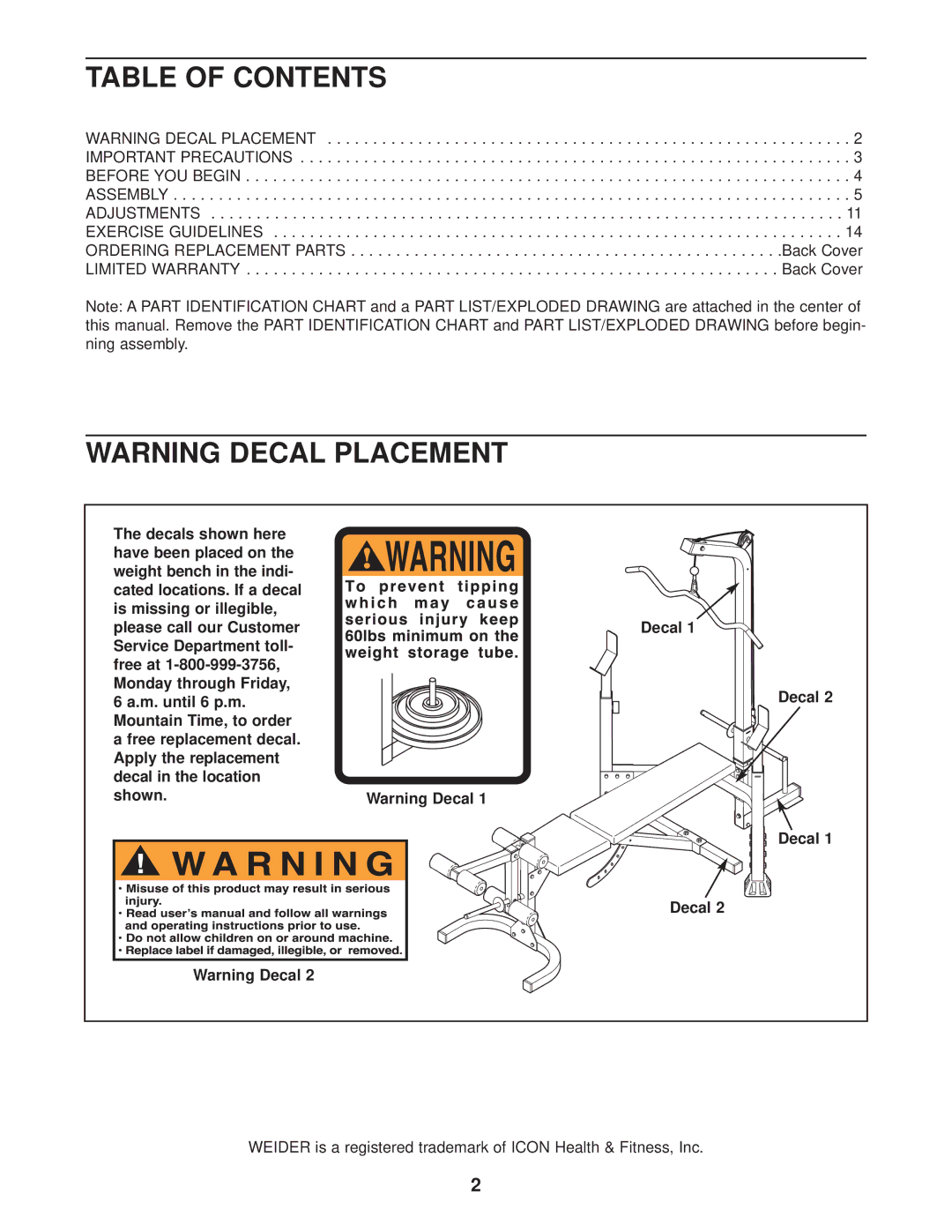 Weider WEBE12622 user manual Table of Contents 