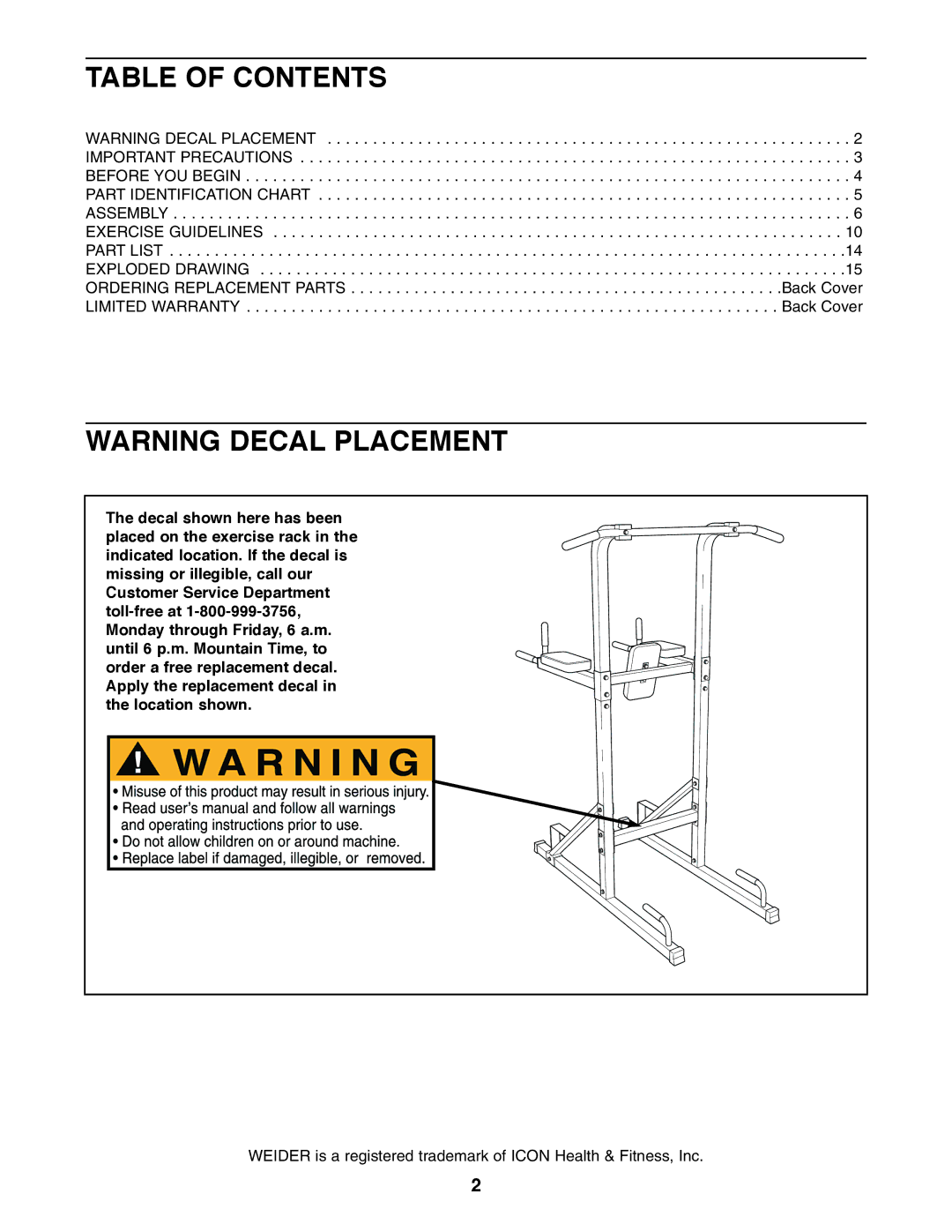 Weider WEBE13010 user manual Table of Contents 