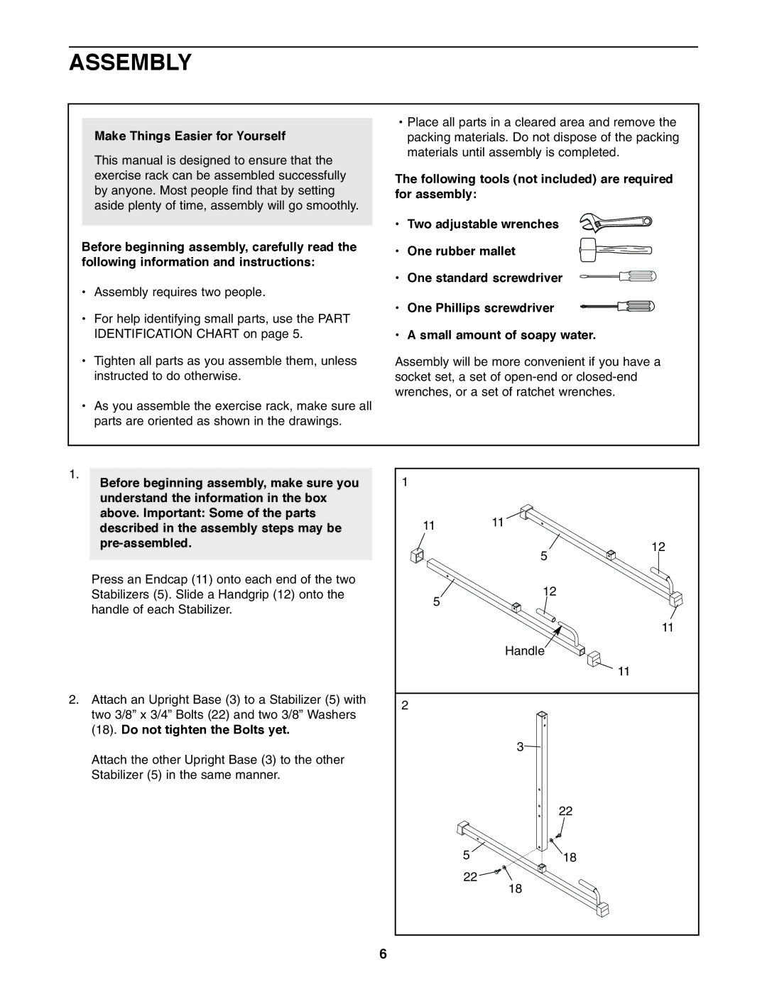 Weider WEBE13010 user manual Assembly, Make Things Easier for Yourself 