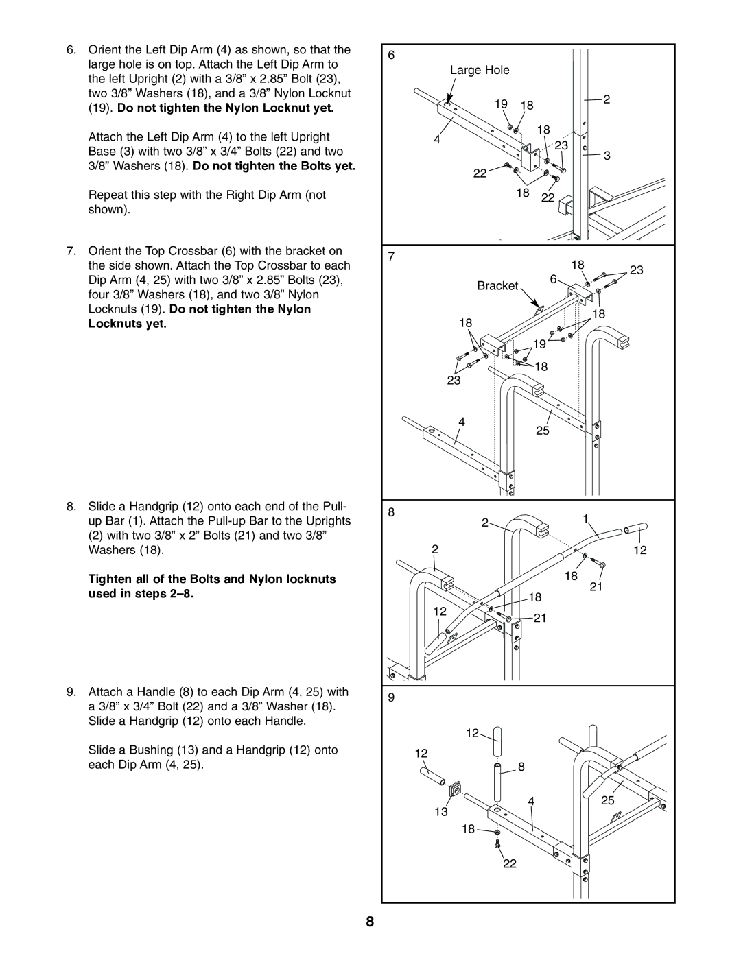 Weider WEBE13010 user manual Tighten all of the Bolts and Nylon locknuts used in steps 