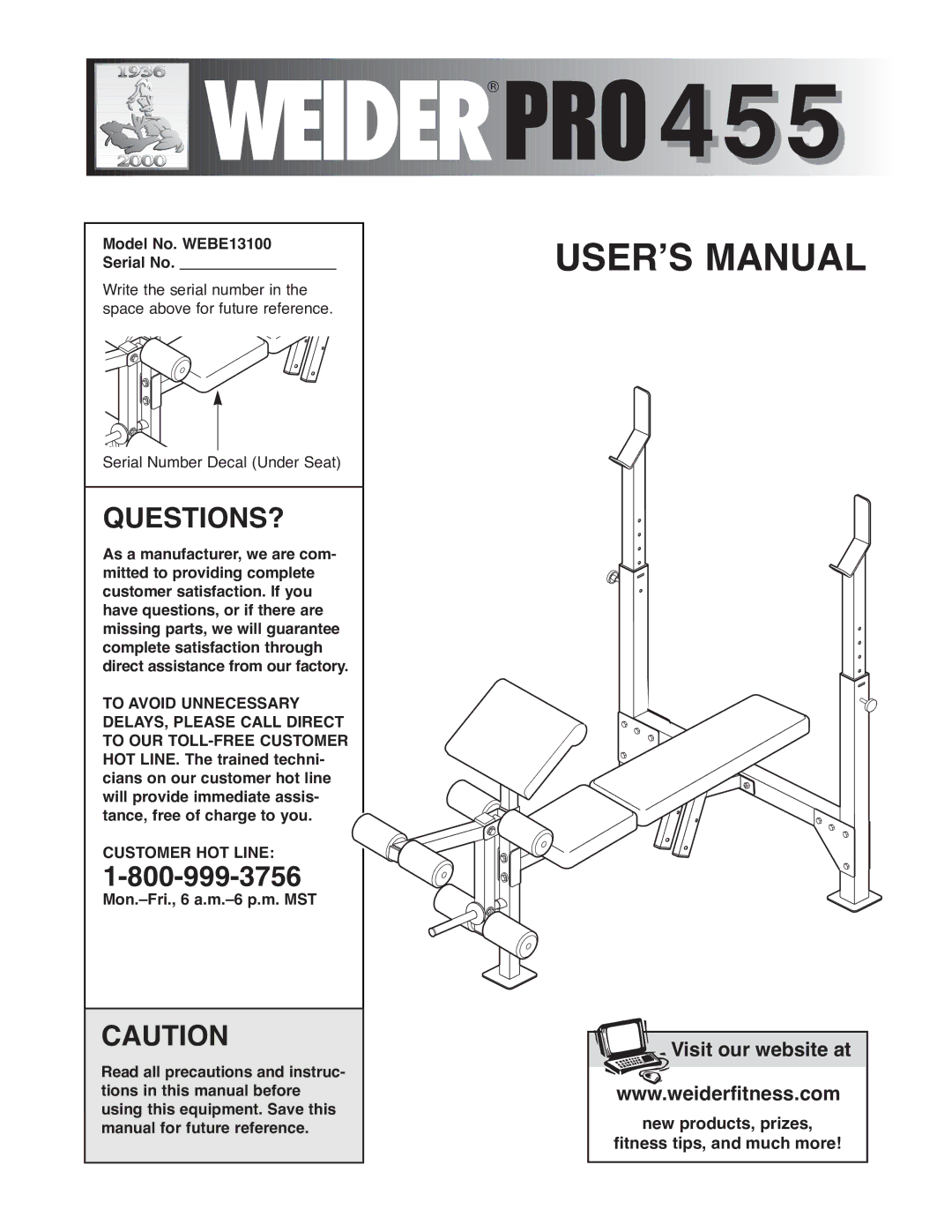 Weider manual Model No. WEBE13100 Serial No, Customer HOT Line 