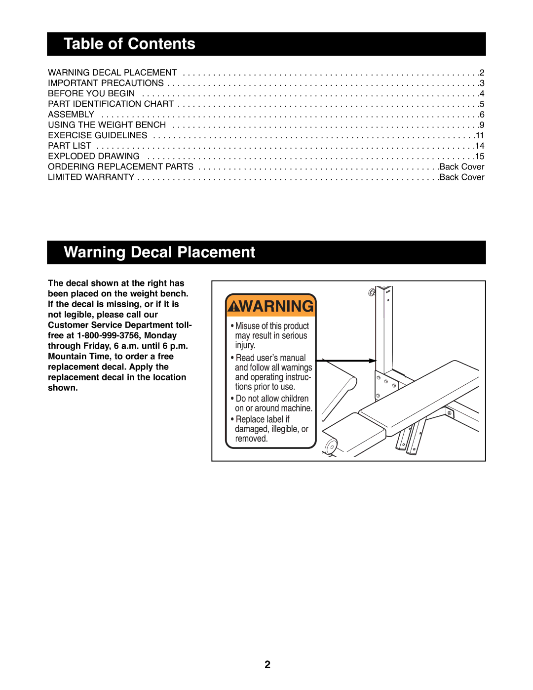 Weider WEBE13100 manual Table of Contents 