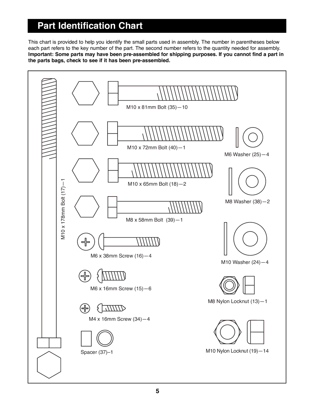 Weider WEBE13100 manual Part Identification Chart 