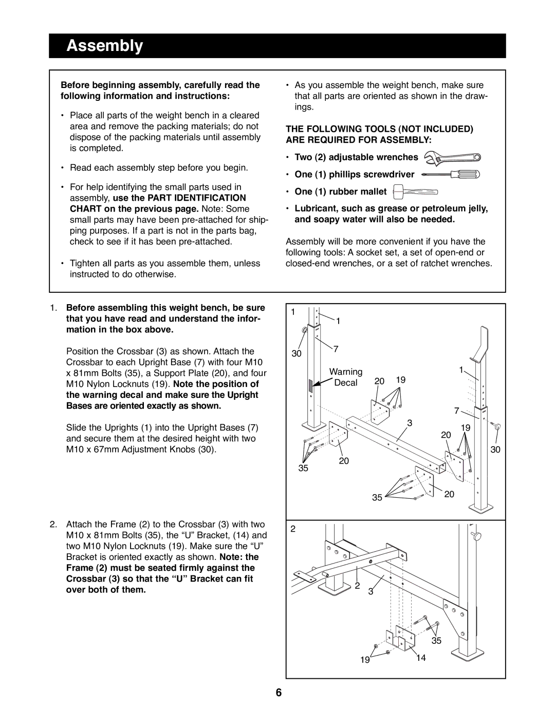 Weider WEBE13100 manual Following Tools not Included are Required for Assembly, Bases are oriented exactly as shown 