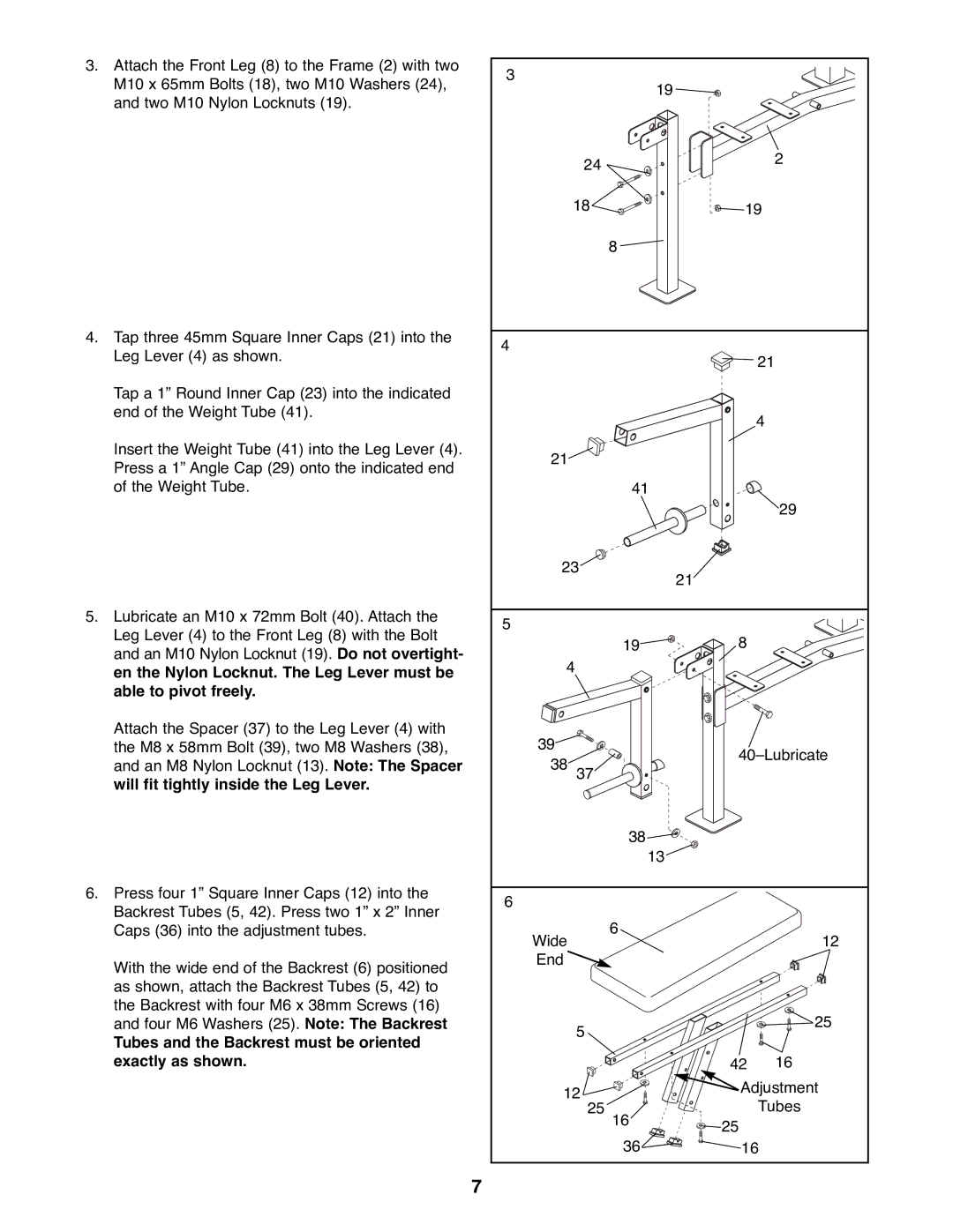 Weider WEBE13100 manual Tubes and the Backrest must be oriented exactly as shown 