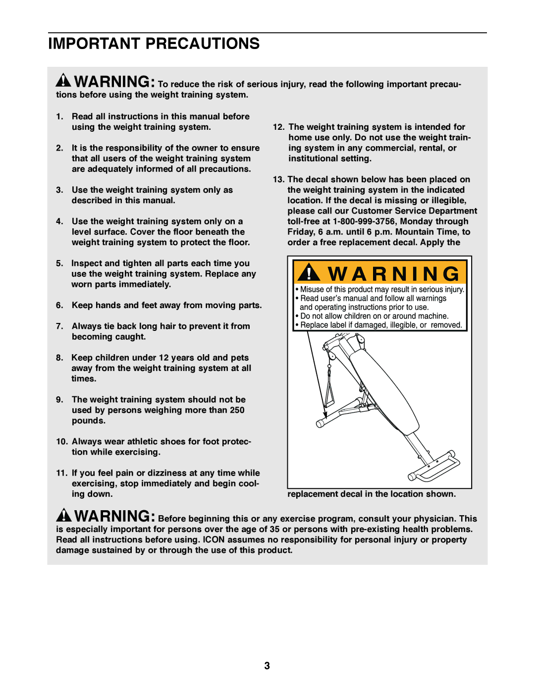 Weider WEBE14010 user manual Important Precautions 