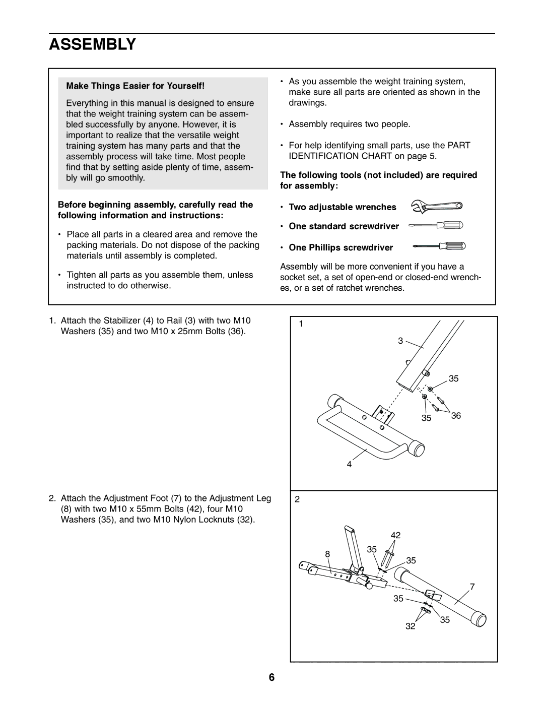 Weider WEBE14010 user manual Assembly, Make Things Easier for Yourself 