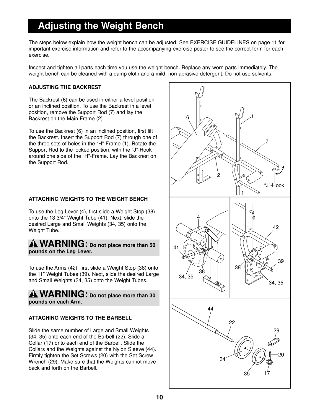 Weider WEBE14080 user manual Adjusting the Weight Bench, Adjusting the Backrest, Attaching Weights to the Weight Bench 