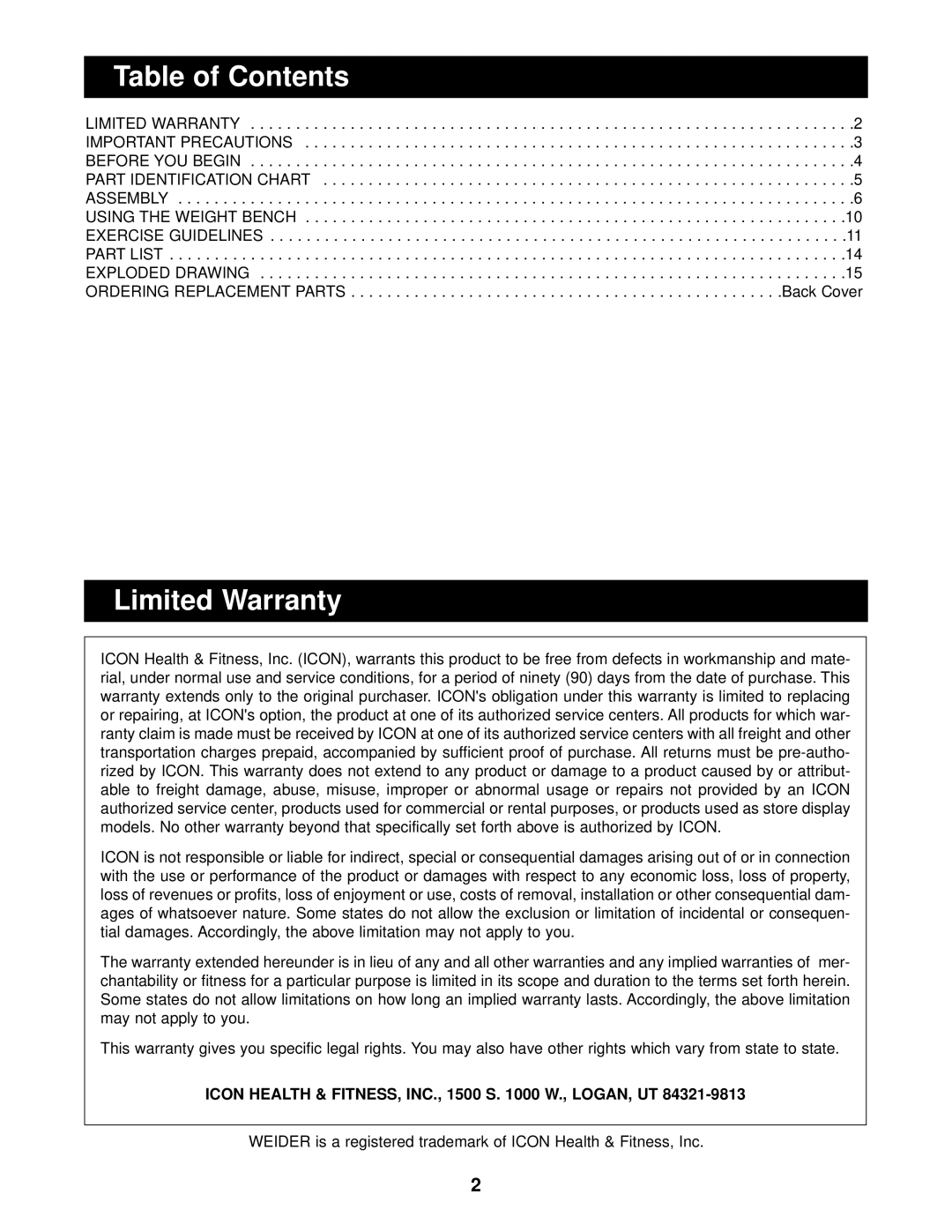 Weider WEBE14080 user manual Table of Contents, Limited Warranty 