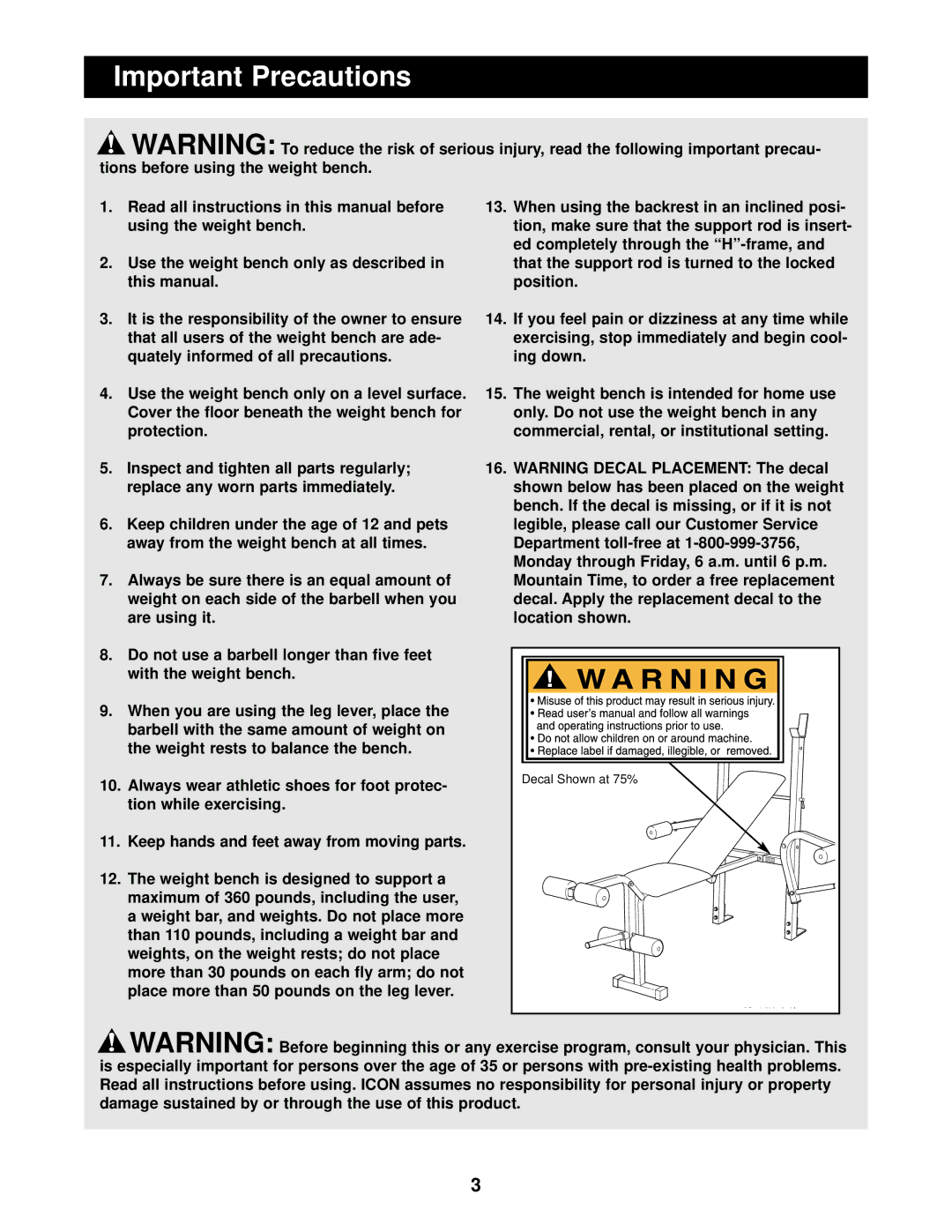 Weider WEBE14080 user manual Important Precautions 