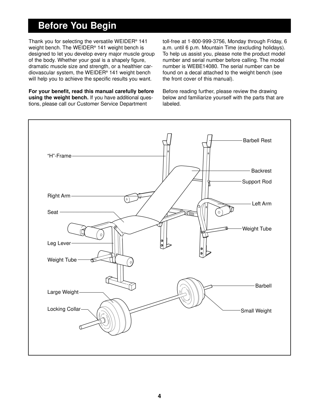 Weider WEBE14080 user manual Before You Begin 