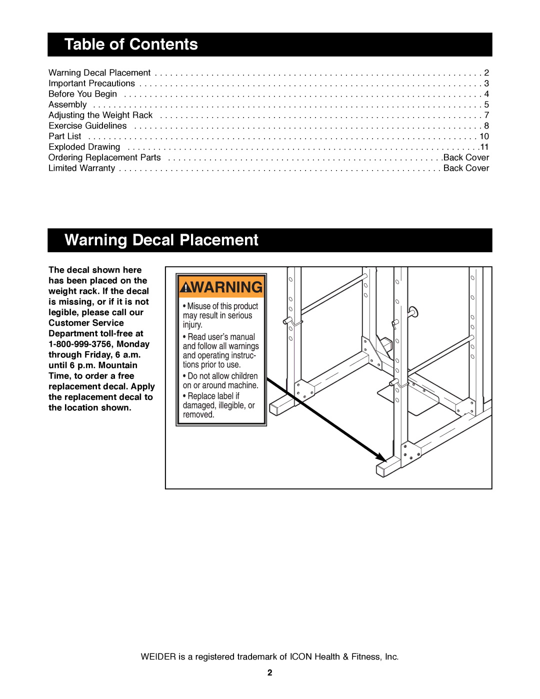 Weider WEBE14100 manual Table of Contents 