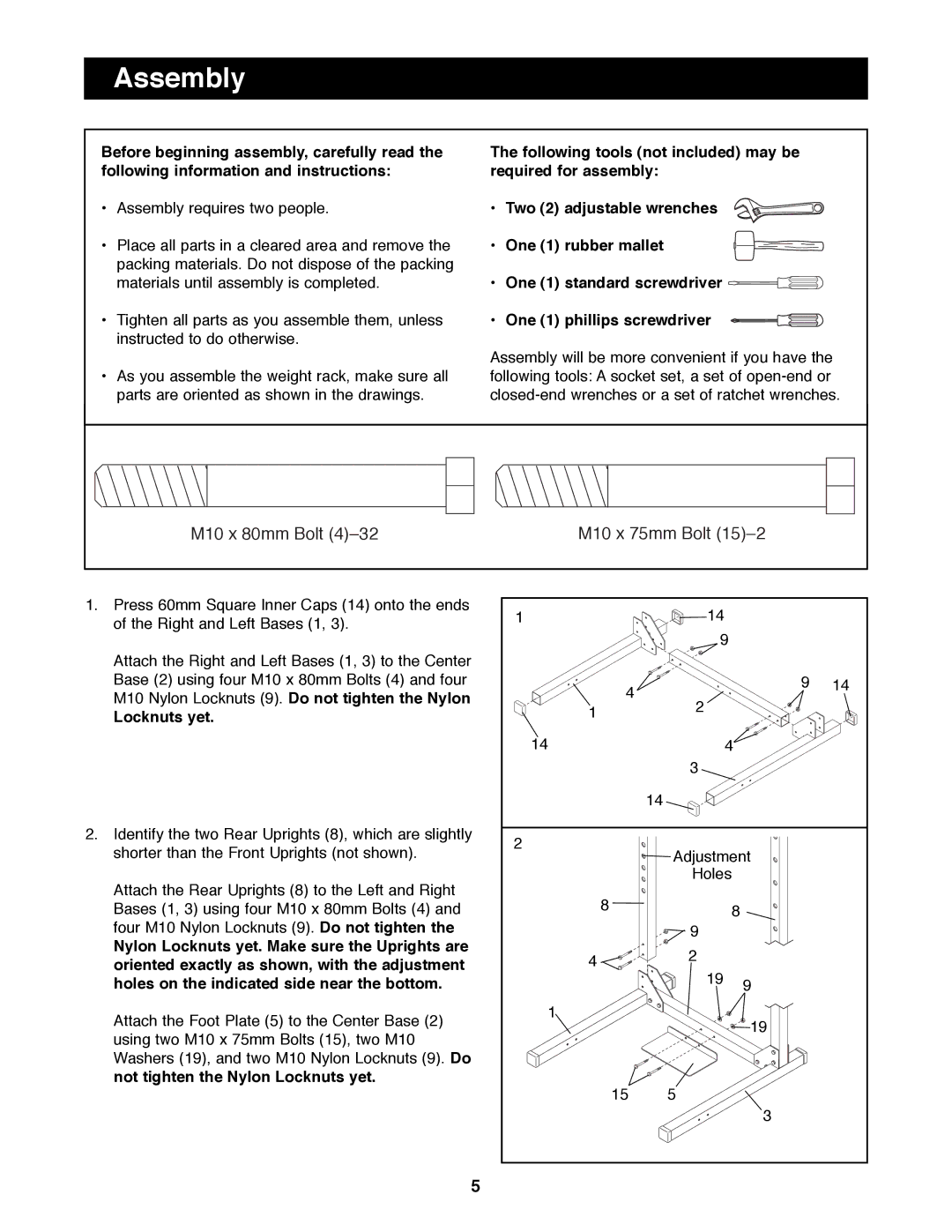 Weider WEBE14100 manual Assembly, Not tighten the Nylon Locknuts yet 