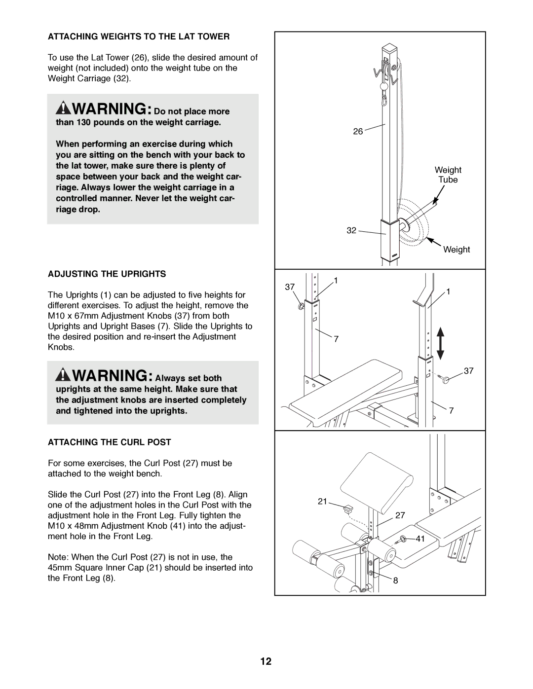 Weider WEBE15100 manual Attaching Weights to the LAT Tower, Adjusting the Uprights, Attaching the Curl Post 