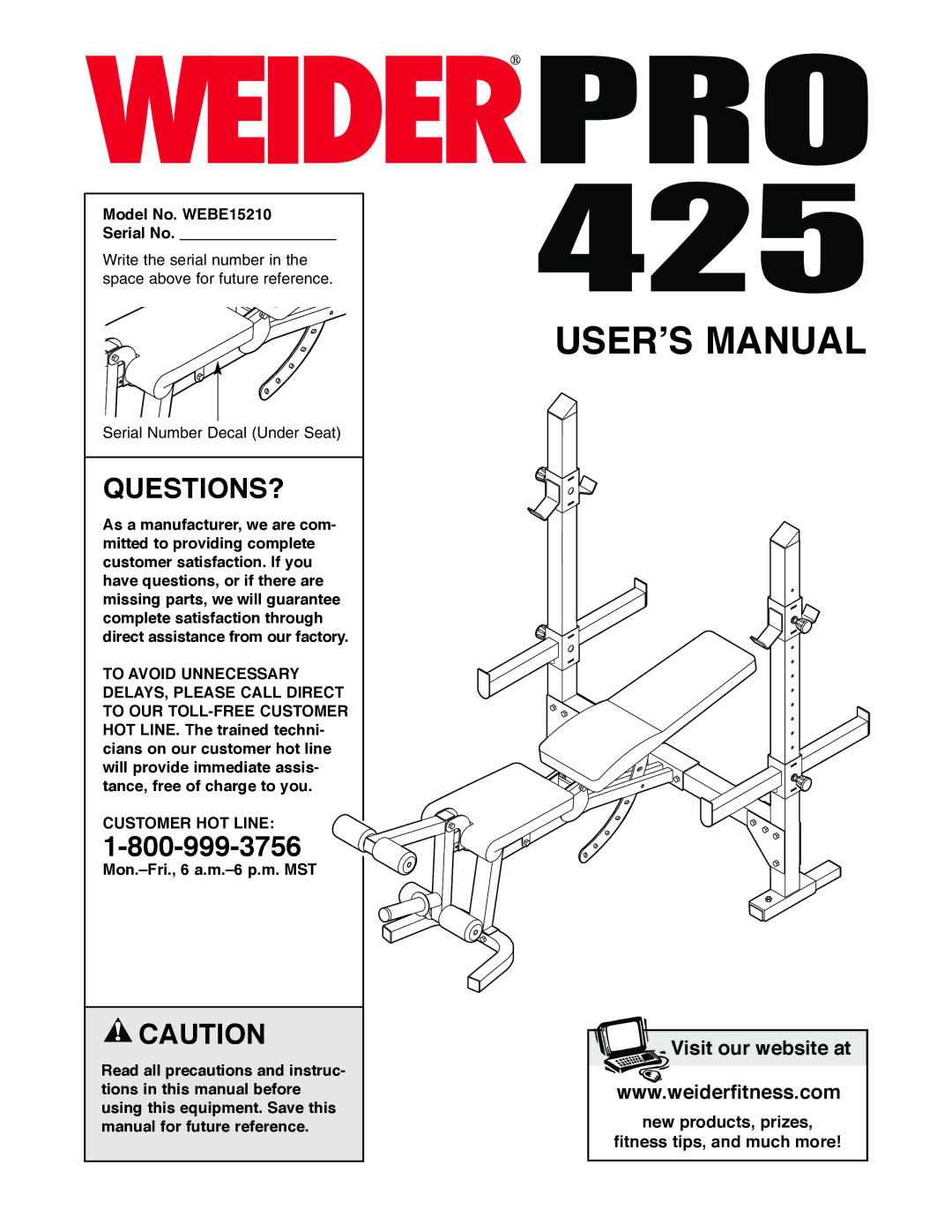 Weider user manual Questions?, Model No. WEBE15210 Serial No, Customer HOT Line 