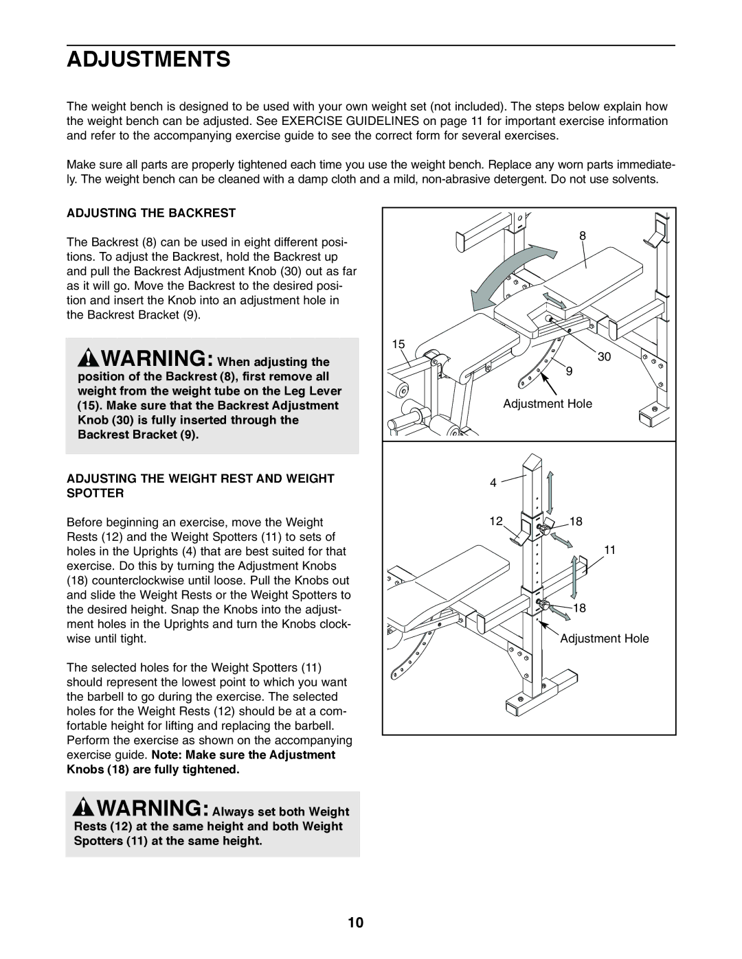 Weider WEBE15210 user manual Adjustments, Adjusting the Backrest, Adjusting the Weight Rest and Weight Spotter 