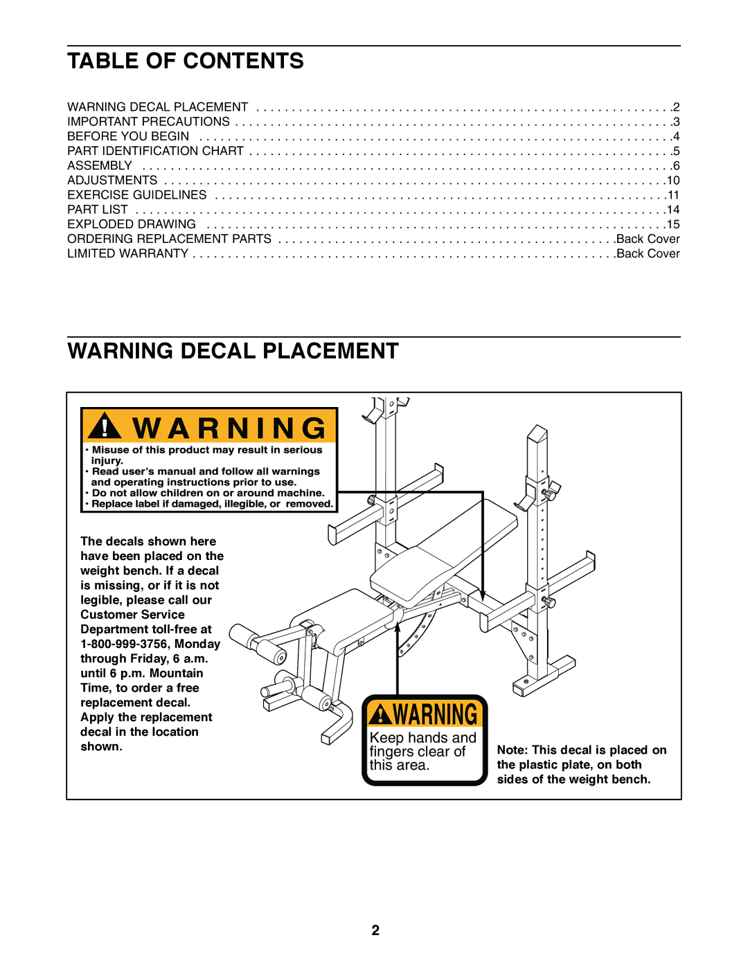 Weider WEBE15210 user manual Table of Contents 