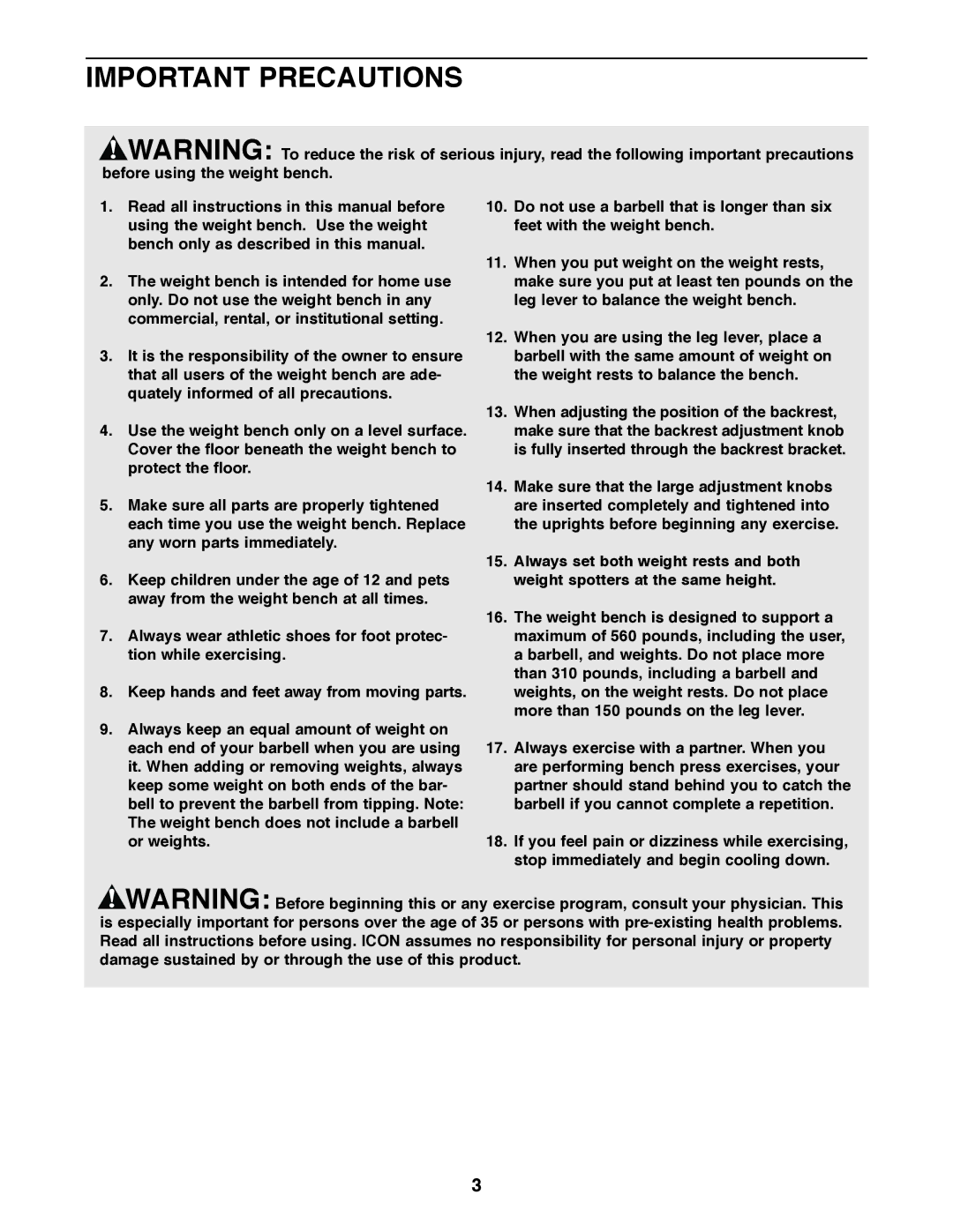 Weider WEBE15210 user manual Important Precautions 