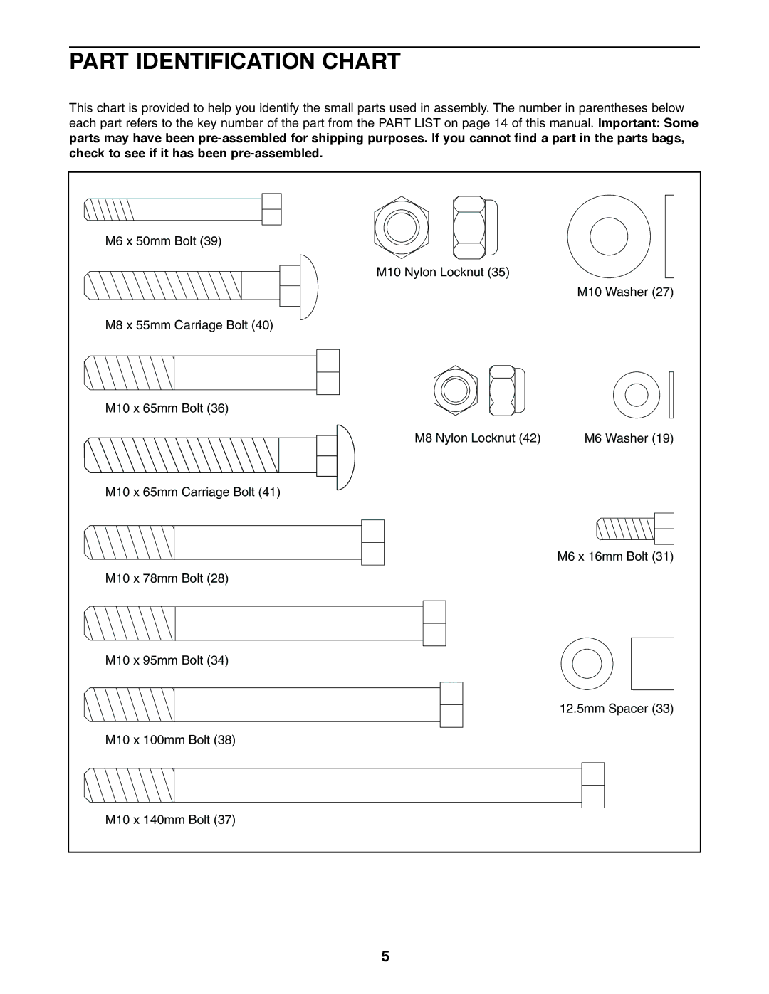 Weider WEBE15210 user manual Part Identification Chart 