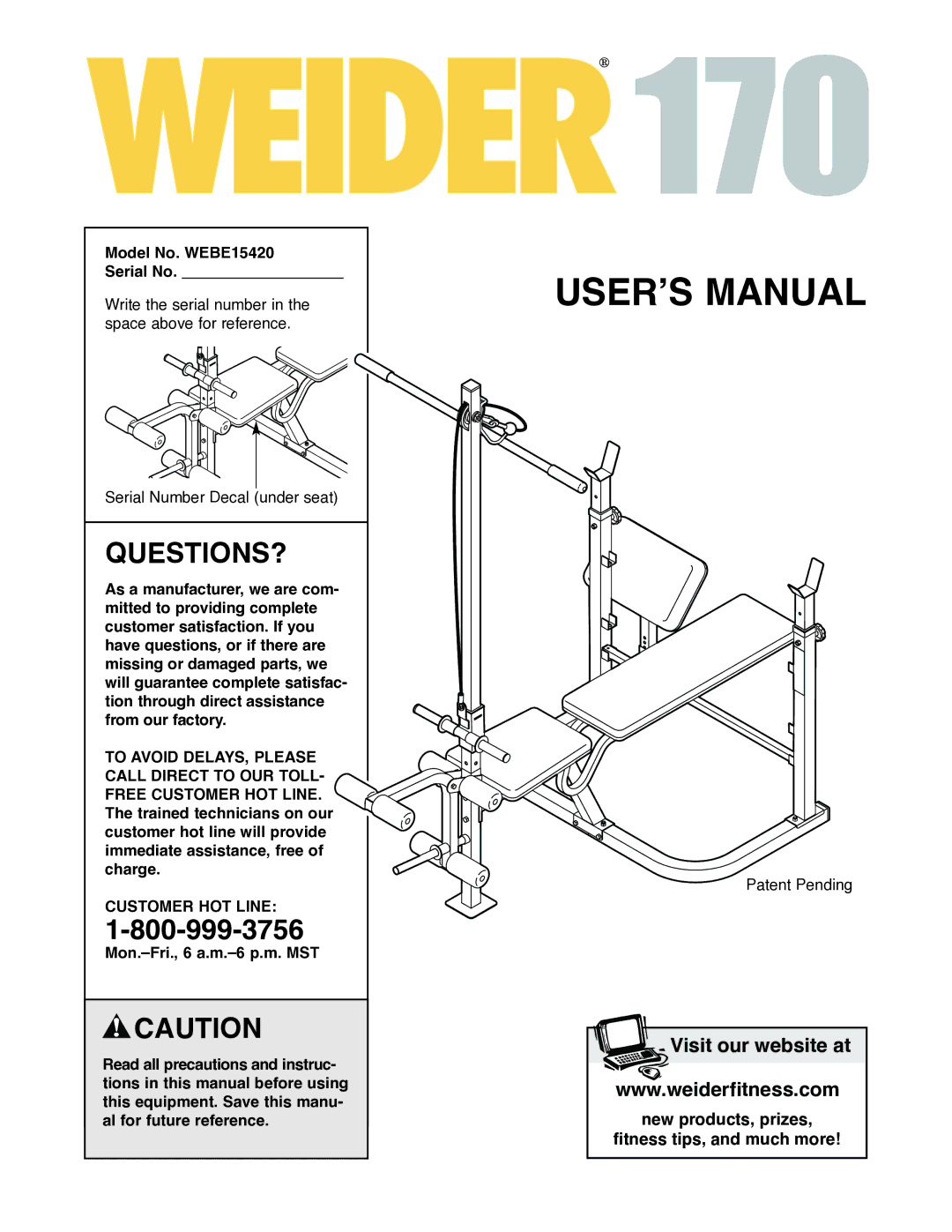 Weider user manual Questions?, Model No. WEBE15420 Serial No, Customer HOT Line 