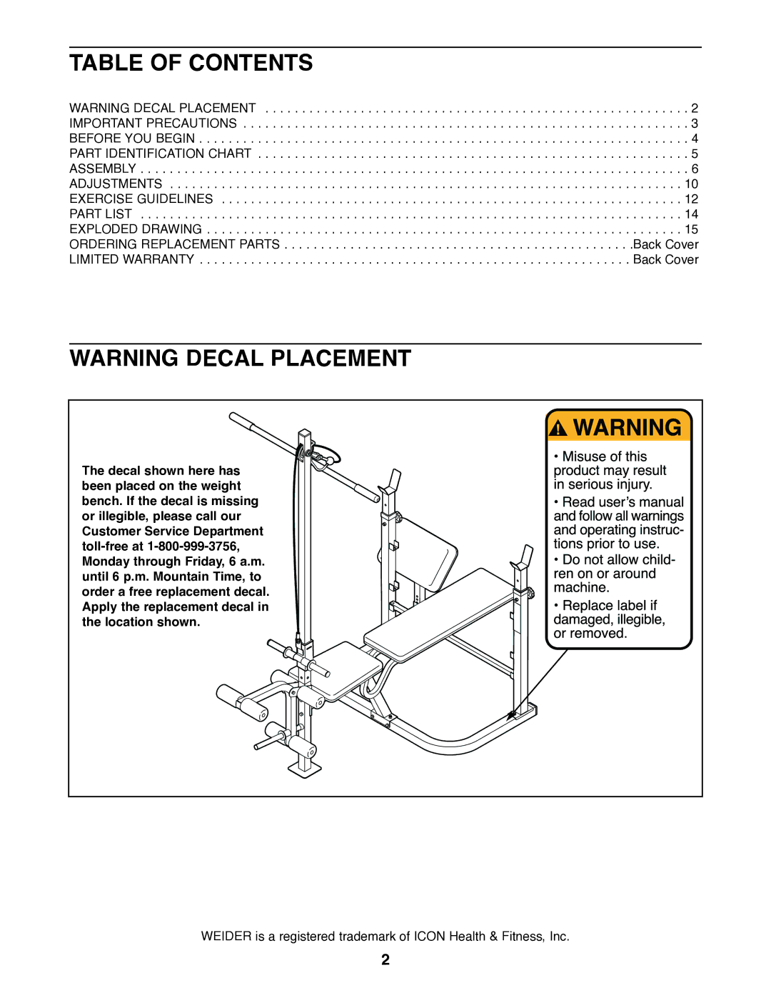 Weider WEBE15420 user manual Table of Contents 