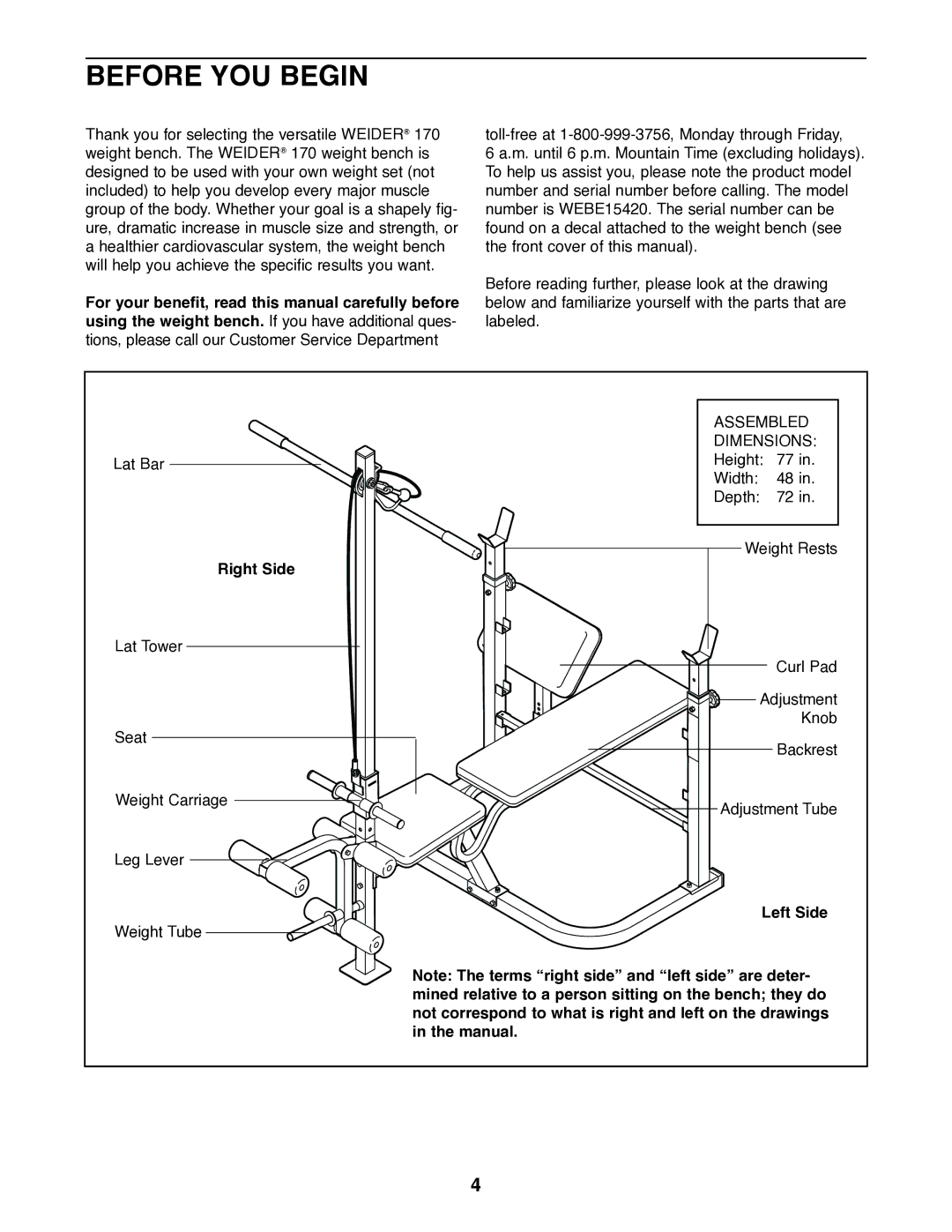 Weider WEBE15420 user manual Before YOU Begin, Right Side, Left Side 