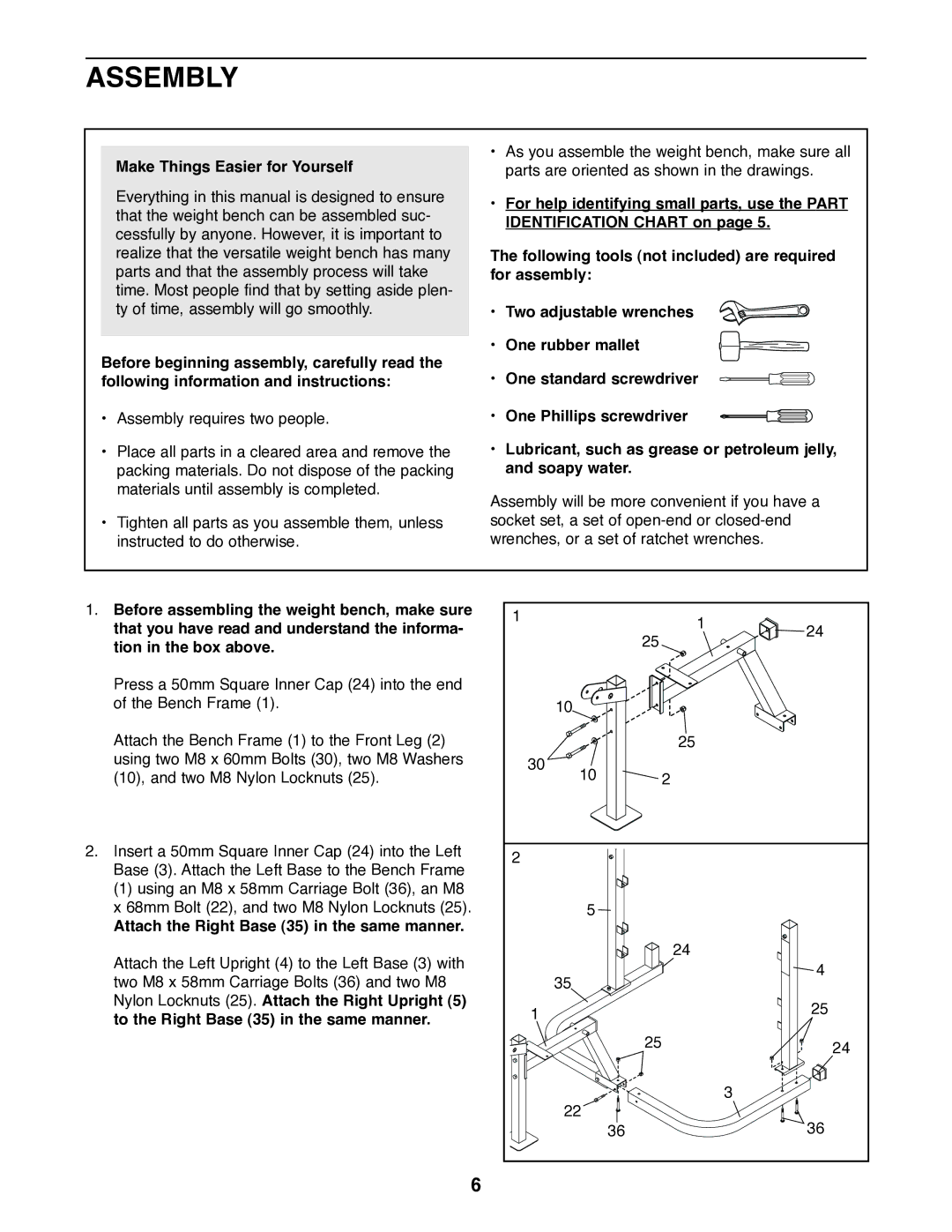 Weider WEBE15420 user manual Assembly, Make Things Easier for Yourself, Attach the Right Base 35 in the same manner 