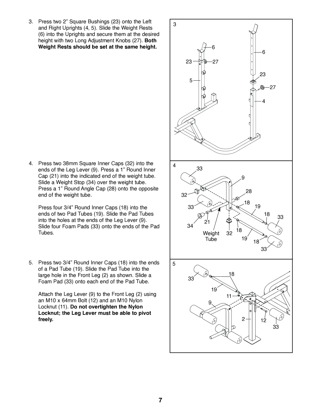 Weider WEBE15420 Weight Rests should be set at the same height, Locknut the Leg Lever must be able to pivot freely 