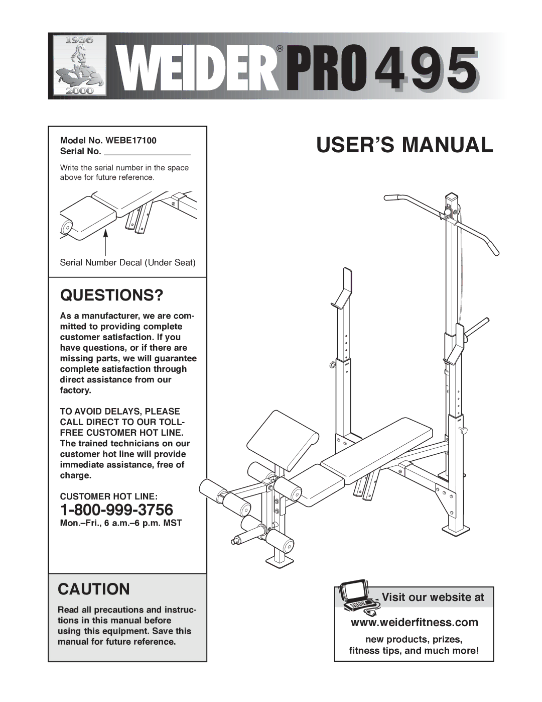 Weider manual Model No. WEBE17100 Serial No, Customer HOT Line 