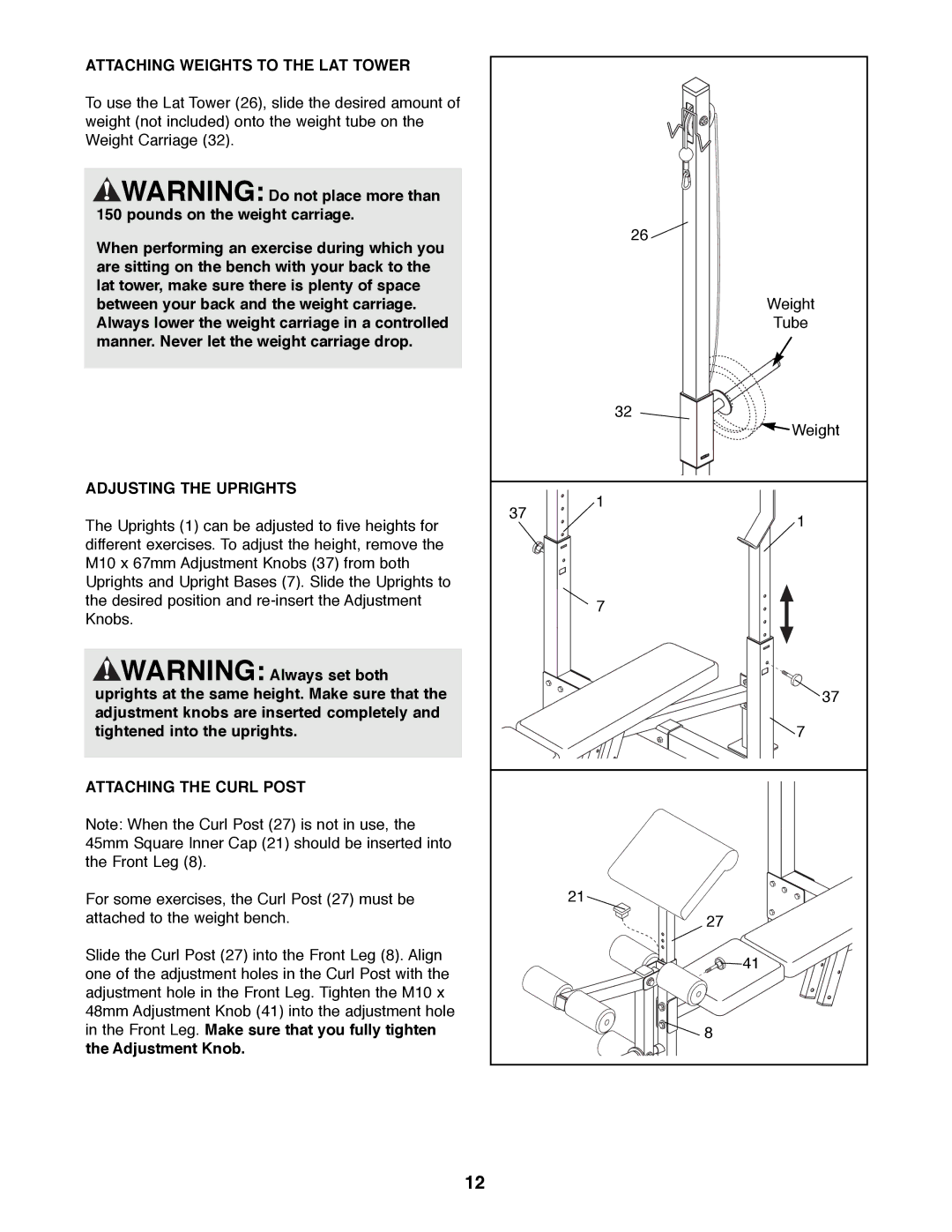 Weider WEBE17100 manual Attaching Weights to the LAT Tower, Adjusting the Uprights, Attaching the Curl Post 