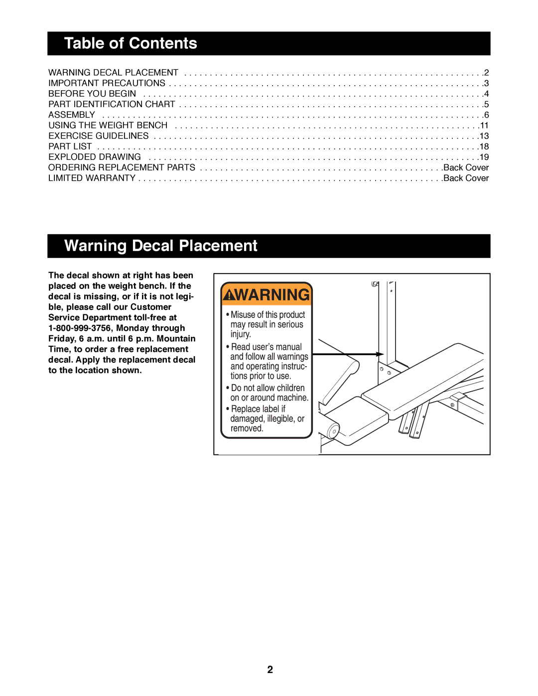 Weider WEBE17100 manual Table of Contents 