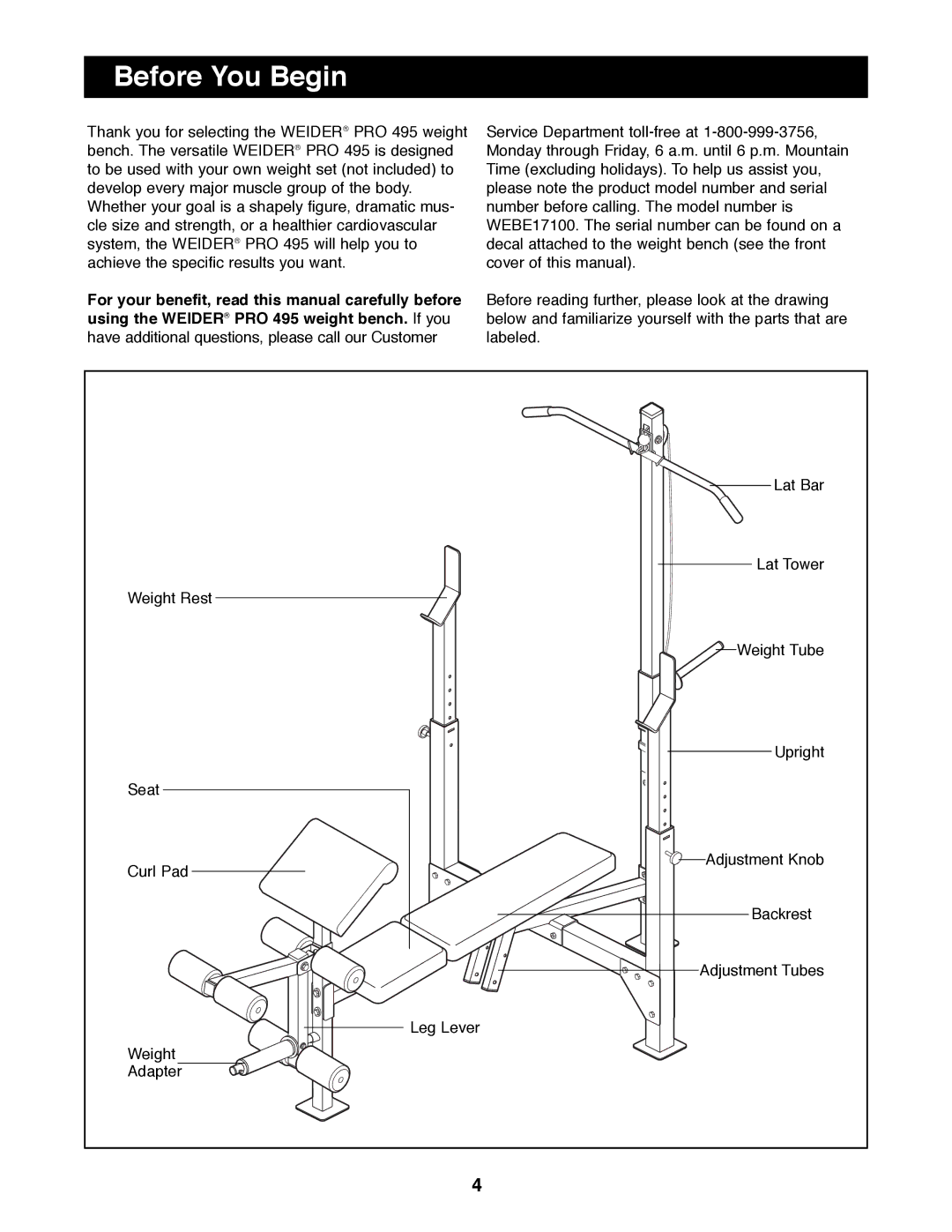 Weider WEBE17100 manual Before You Begin 