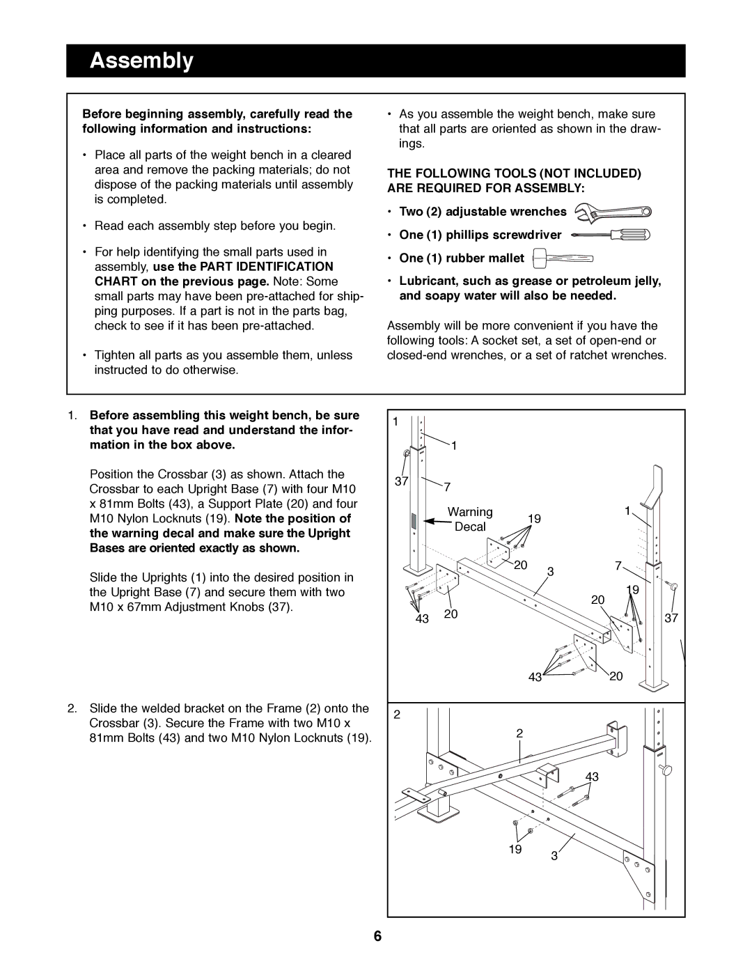 Weider WEBE17100 manual Following Tools not Included are Required for Assembly 