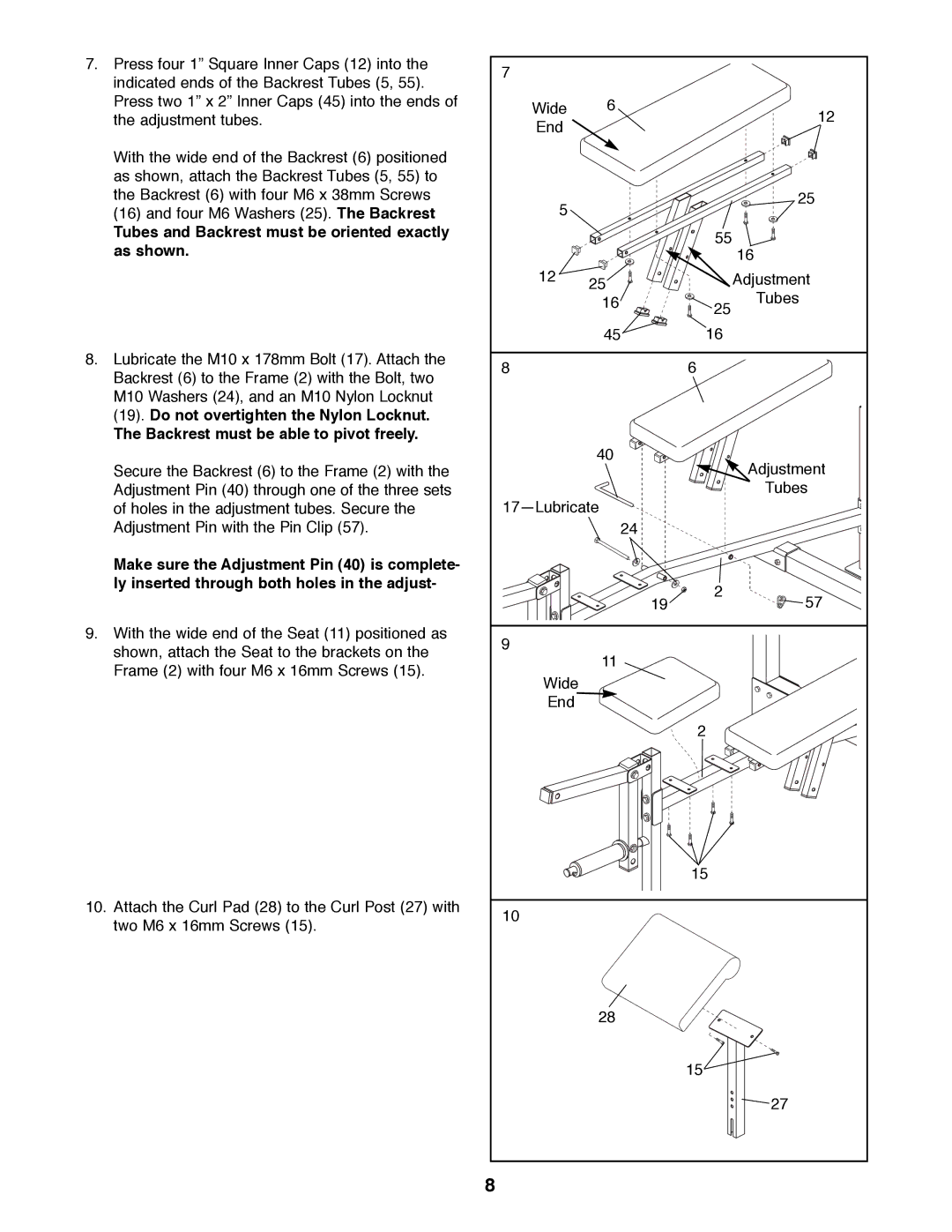 Weider WEBE17100 manual Tubes and Backrest must be oriented exactly As shown 