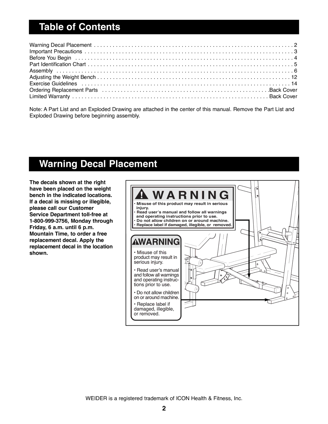 Weider WEBE19200 manual R N I N G, Table of Contents 