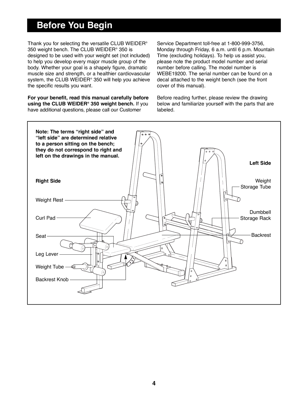 Weider WEBE19200 manual Before You Begin, Right Side, Left Side 