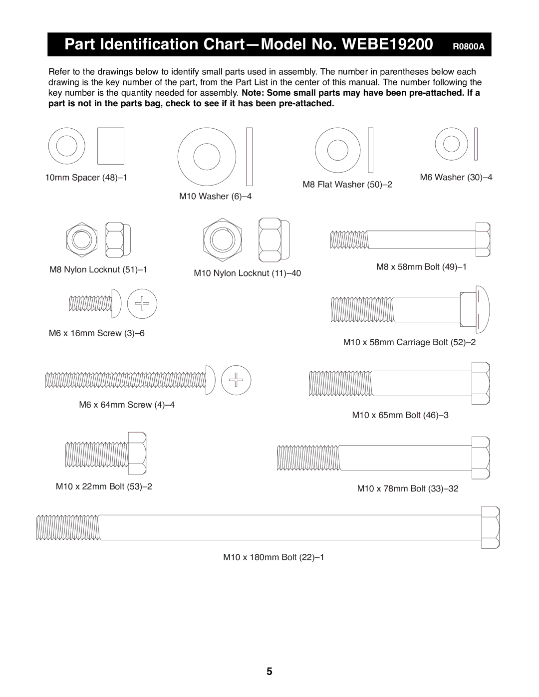 Weider manual Part Identification ChartÑModel No. WEBE19200 R0800A 