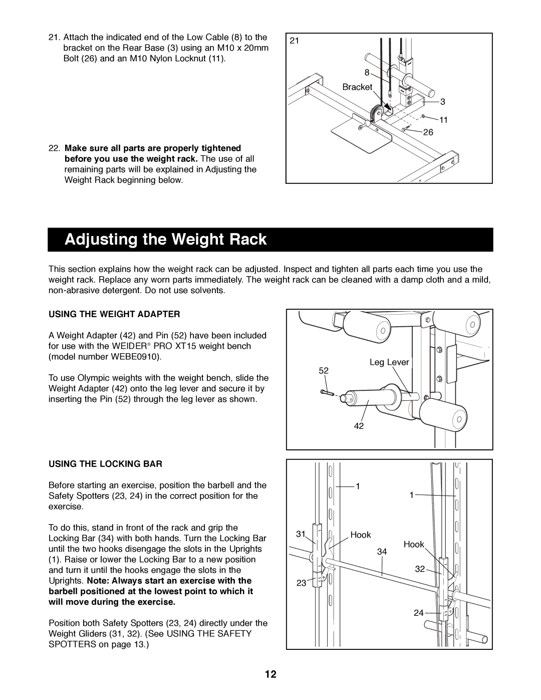 Weider WEBE19300 manual Adjusting the Weight Rack, Using the Weight Adapter, Using the Locking BAR 