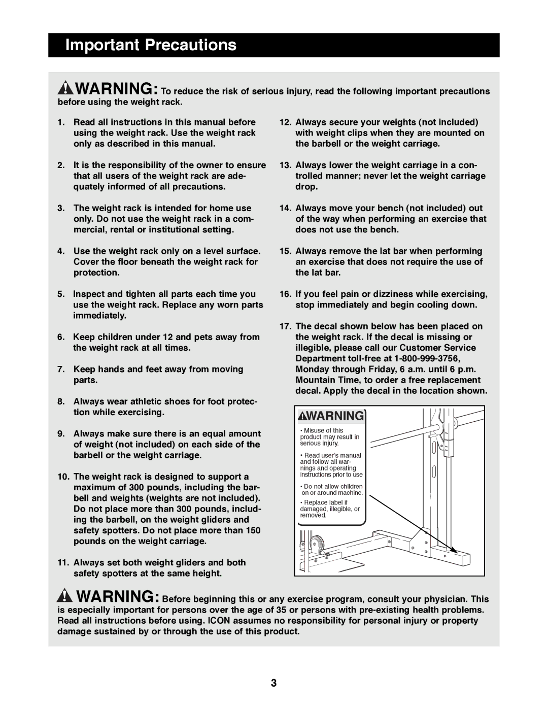 Weider WEBE19300 manual Important Precautions, ¥ Misuse of this product may result in serious injury 