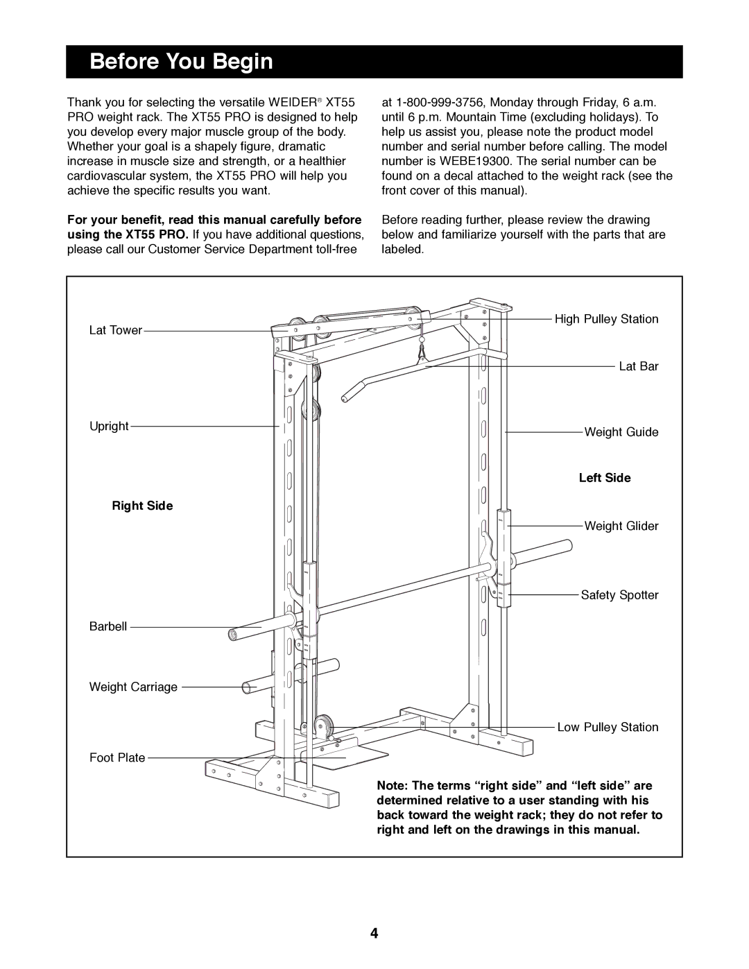 Weider WEBE19300 manual Before You Begin, Right Side, Left Side 